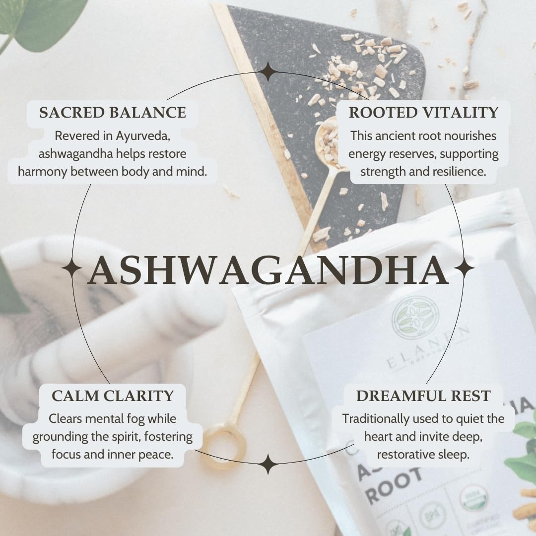 Elanen Naturals Organic Ashwagandha Root 4 oz. (113g), USDA Certified Organic Ashwagandha Root Loose Leaf Tea, Dried Withania somnifera, Cut & Sifted - OzHealthStandard