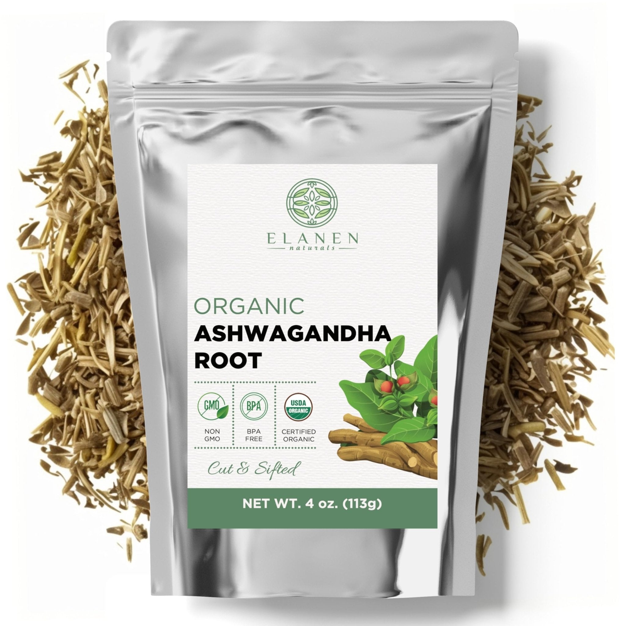 Elanen Naturals Organic Ashwagandha Root 4 oz. (113g), USDA Certified Organic Ashwagandha Root Loose Leaf Tea, Dried Withania somnifera, Cut & Sifted - OzHealthStandard