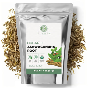 Elanen Naturals Organic Ashwagandha Root 4 oz. (113g), USDA Certified Organic Ashwagandha Root Loose Leaf Tea, Dried Withania somnifera, Cut & Sifted - OzHealthStandard