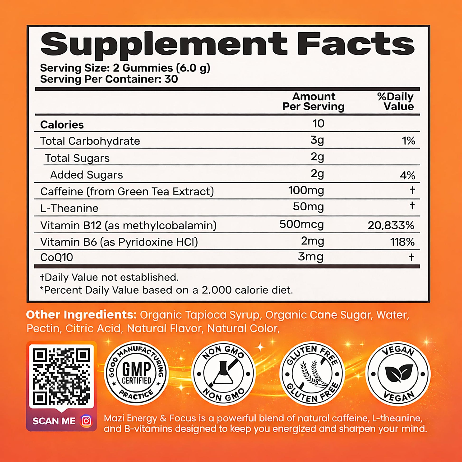 Energy & Focus Gummies | 100mg Natural Caffeine + L-Theanine + Vitamin B6 & B12 + CoQ10 | Nootropic Cognitive Brain Performance Supplement | No Crash or Jitters - OzHealthStandard