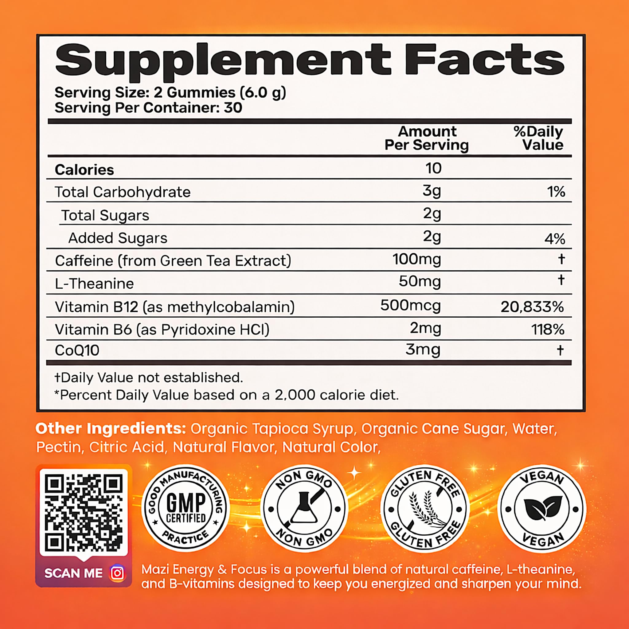 Energy & Focus Gummies | 100mg Natural Caffeine + L-Theanine + Vitamin B6 & B12 + CoQ10 | Nootropic Cognitive Brain Performance Supplement | No Crash or Jitters - OzHealthStandard