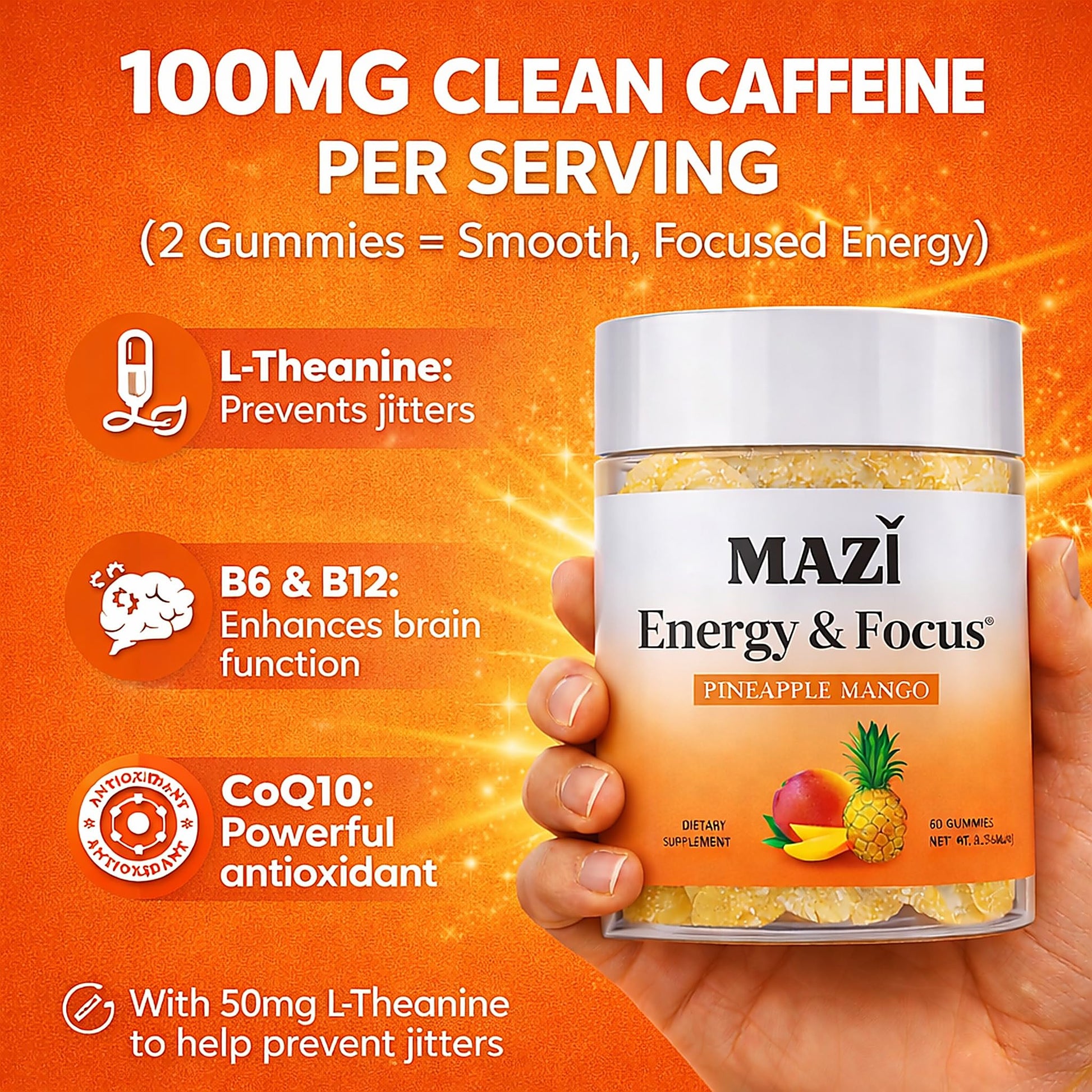 Energy & Focus Gummies | 100mg Natural Caffeine + L-Theanine + Vitamin B6 & B12 + CoQ10 | Nootropic Cognitive Brain Performance Supplement | No Crash or Jitters - OzHealthStandard