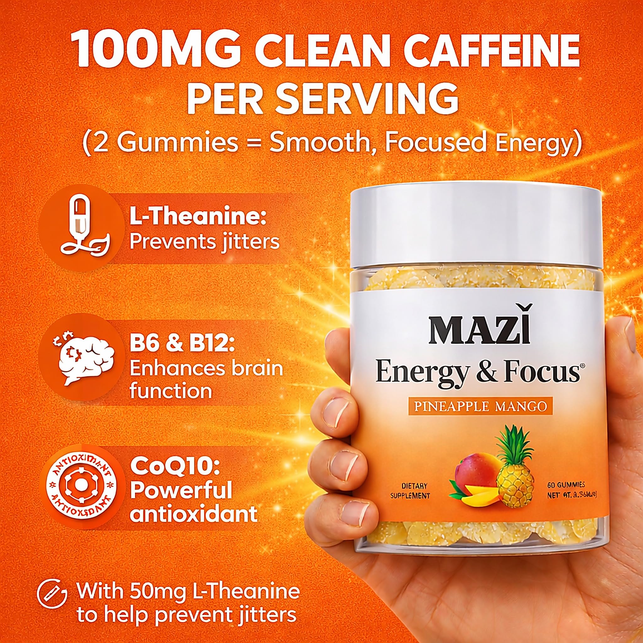 Energy & Focus Gummies | 100mg Natural Caffeine + L-Theanine + Vitamin B6 & B12 + CoQ10 | Nootropic Cognitive Brain Performance Supplement | No Crash or Jitters - OzHealthStandard