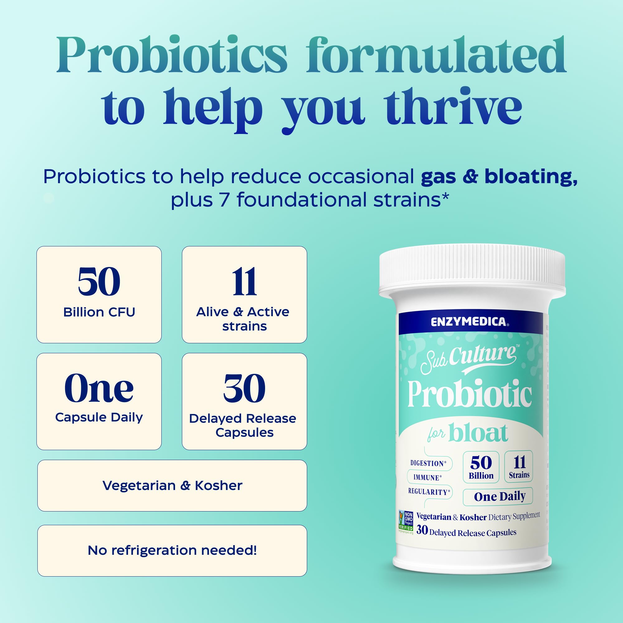 Enzymedica SubCulture Probiotics for Gas & Bloating, 50 Billion CFU, Supports Immune & Digestive Health, Regularity & Gut Flora, 30 Count - OzHealthStandard
