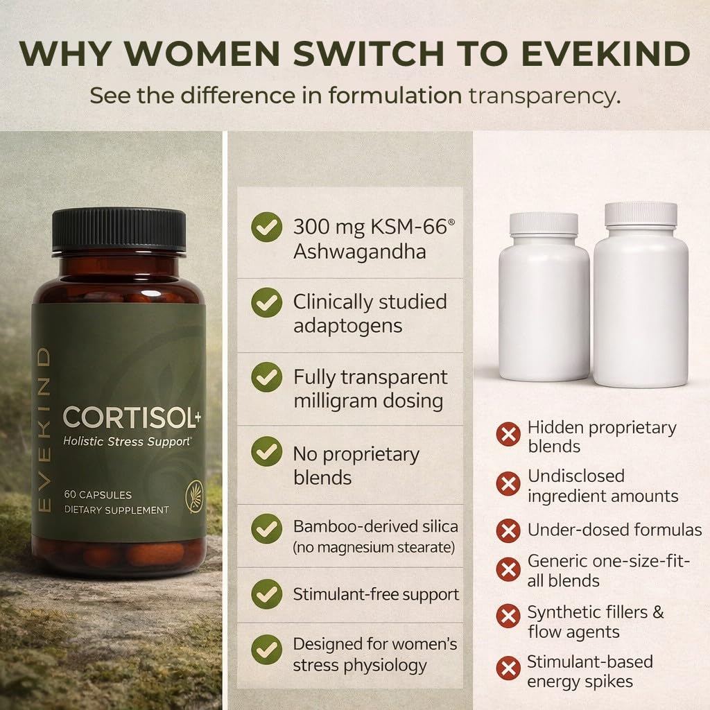 EVEKIND Cortisol Manager + Women’s Stress Relief & Hormone Balance Supplement – Adrenal Support for Mood, Focus & Energy – KSM-66® Ashwagandha, Rhodiola, L-Theanine – Vegan, Non-GMO, 60 Capsules - OzHealthStandard