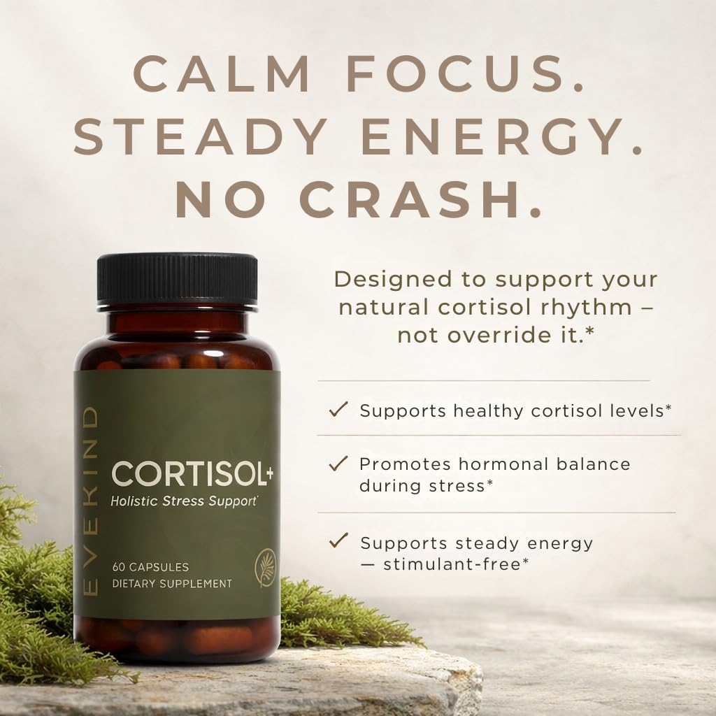 EVEKIND Cortisol Manager + Women’s Stress Relief & Hormone Balance Supplement – Adrenal Support for Mood, Focus & Energy – KSM-66® Ashwagandha, Rhodiola, L-Theanine – Vegan, Non-GMO, 60 Capsules - OzHealthStandard