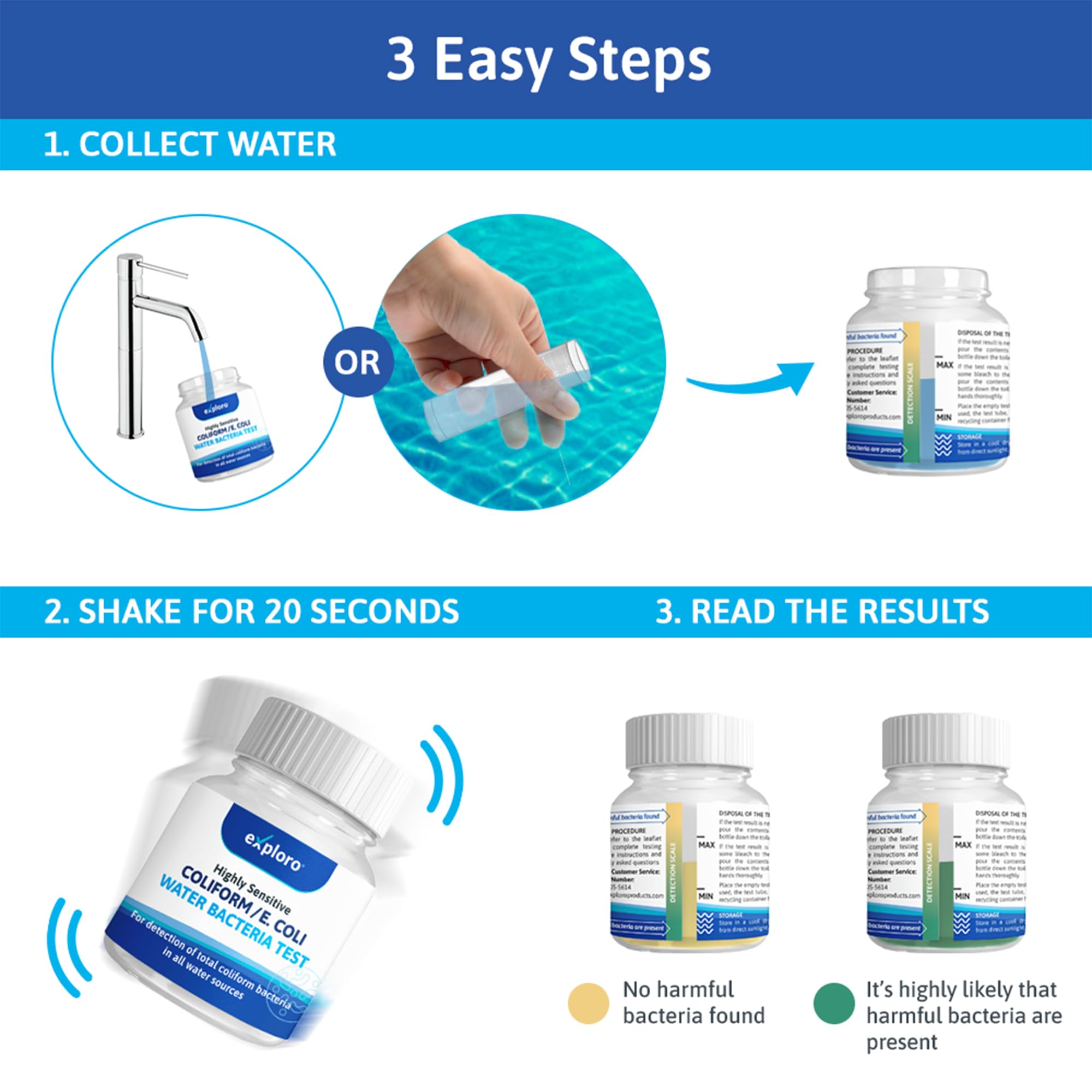 Exploro® Bacteria Water Test Kit, Pond Water Test Kit, Pool Water Testing Kit, Water Testing Kits for Drinking Water for Coliform (E. coli), EPA Approved Pool Test Kit (1 Pack) - OzHealthStandard