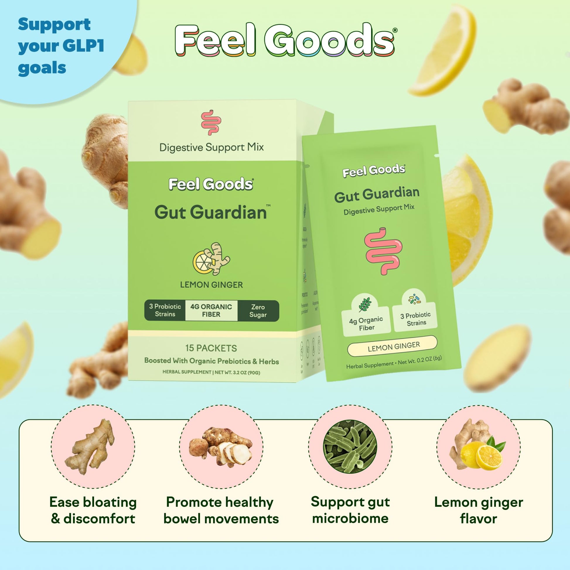 Feel Goods Gut Guardian, Gut Health Powder Packets - Probiotic Fiber Powder with Prebiotics & L Glutamine for Digestive Health, Bloating Relief & Digestion Support - Zero Sugar & Organic Flavor - OzHealthStandard
