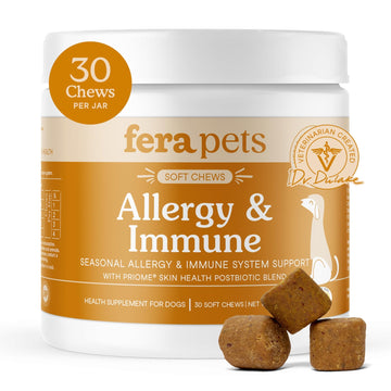 Fera Pets Dog Allergy and Immune Support with Organic Mushrooms, Postbiotics & Colostrum - Promotes Skin & Gut Health - Soothes Seasonal Allergy Symptoms - 30 Soft Chews - OzHealthStandard