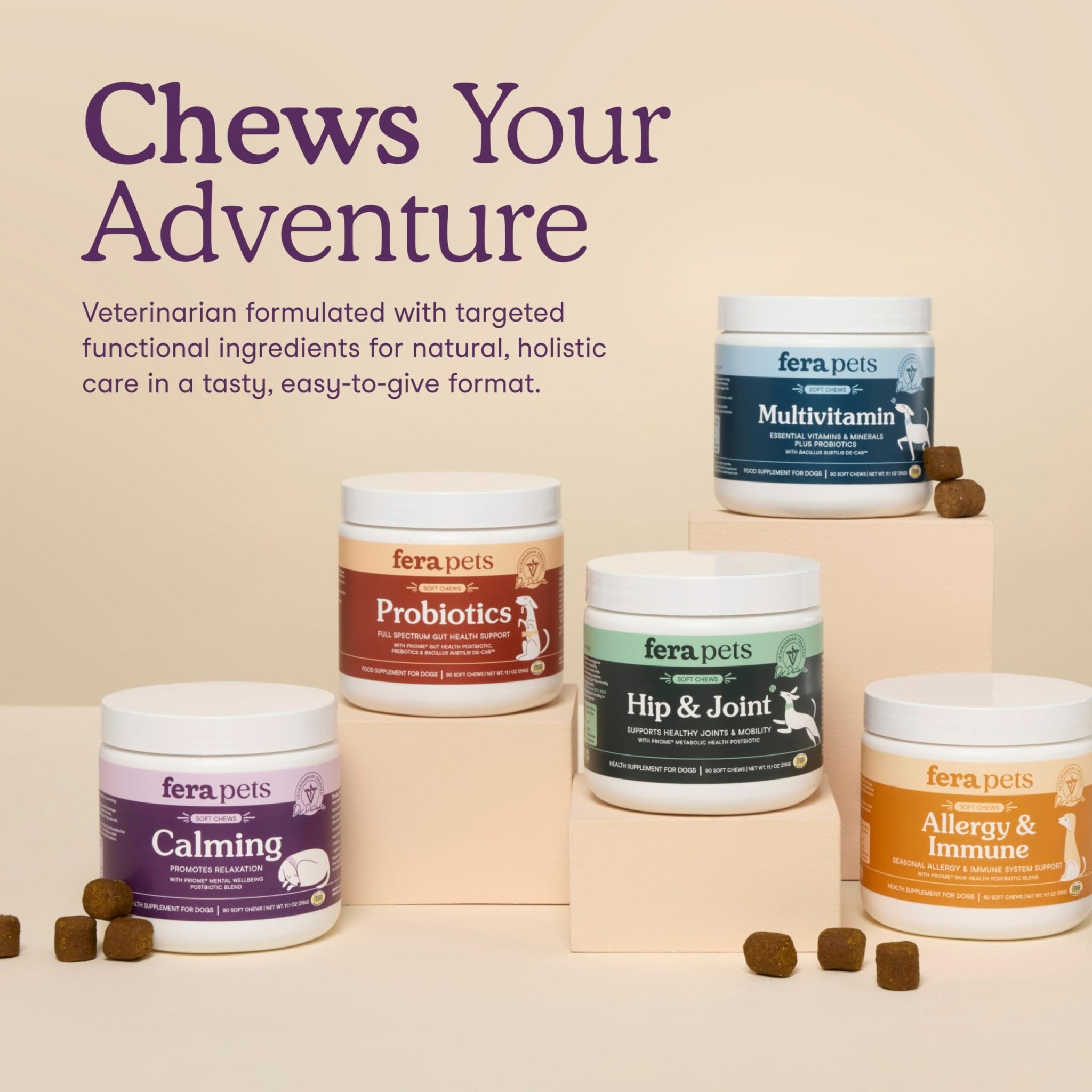 Fera Pets Dog Calming Chews - Helps Manage Everyday Stress & Separation - Promotes Relaxation - Ashwagandha & Priome® Mental Wellbeing Postbiotic Blend - 30 Soft Chews - OzHealthStandard