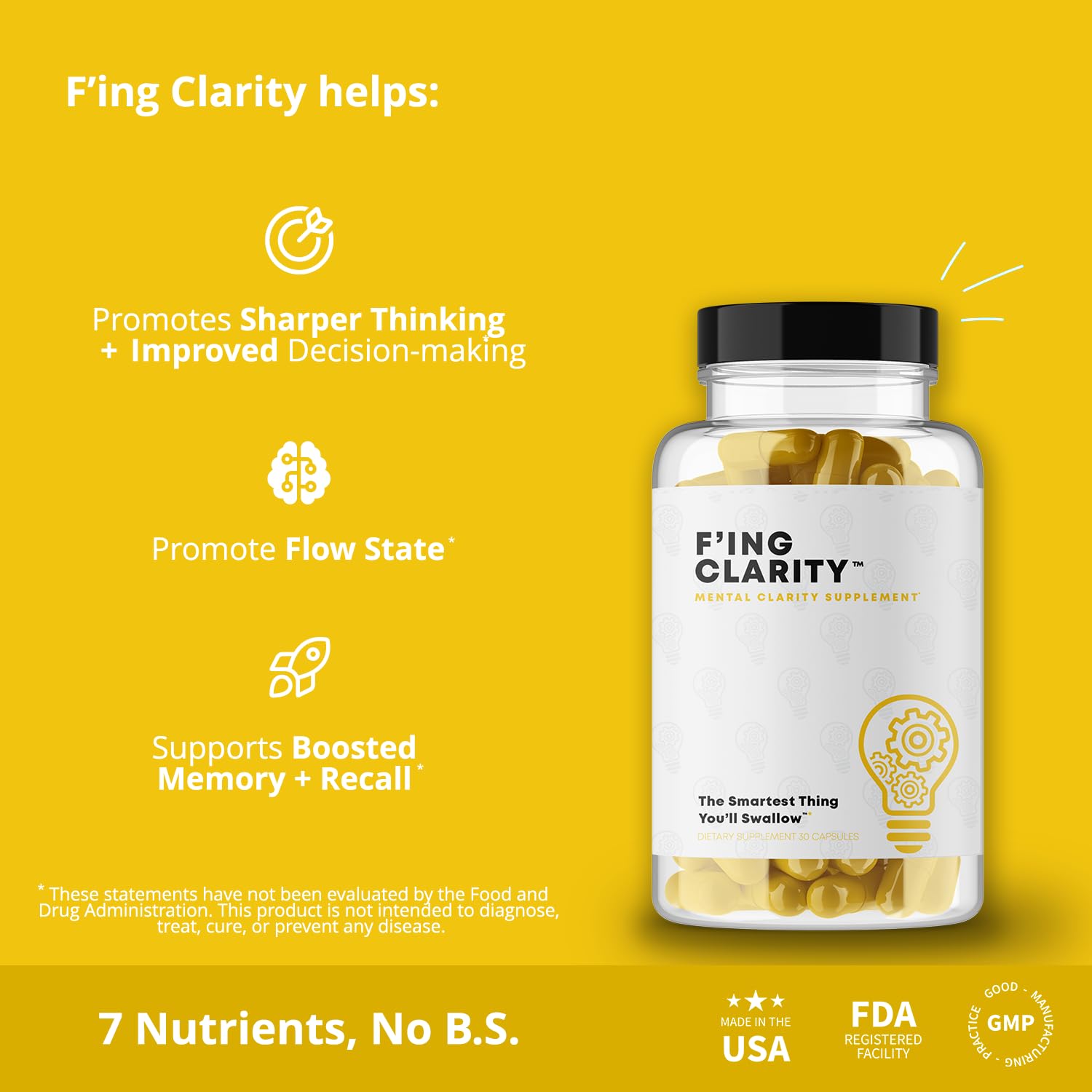 F'ing Clarity - Clarity, Memory + Brain Boosting Nootropic Supplement | Bacopa Extract, Phosphatidylserine 20%, Gingko Biloba Extract, Rhodiola Rosea Extract, DMAE Bitrartrate, B-12, Huperzine A - OzHealthStandard