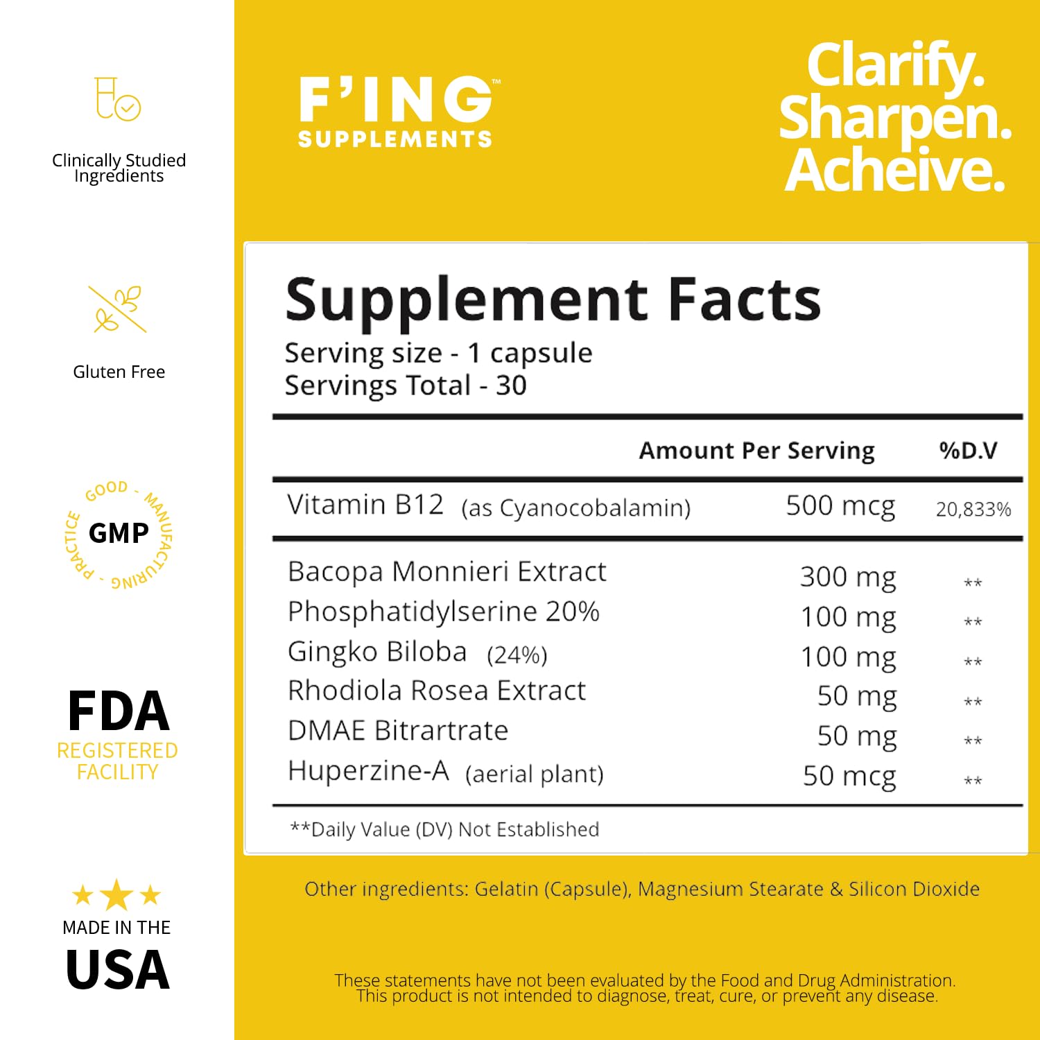 F'ing Clarity - Clarity, Memory + Brain Boosting Nootropic Supplement | Bacopa Extract, Phosphatidylserine 20%, Gingko Biloba Extract, Rhodiola Rosea Extract, DMAE Bitrartrate, B-12, Huperzine A - OzHealthStandard