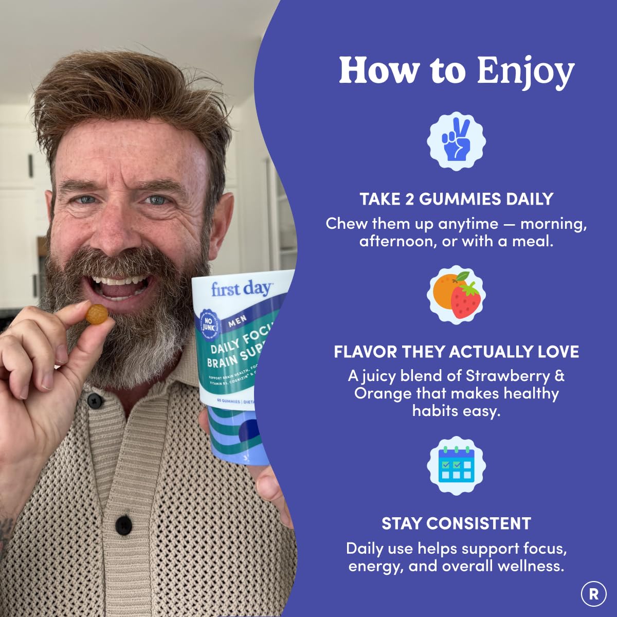 FIRST DAY Men’s Daily Nootropic Brain Supplement Gummies for Focus, Memory & Mental Energy | with Cognizin® Citicoline, Phosphatidylserine & Natural Caffeine | Vegan, Allergen-Free | 30-Day Supply - OzHealthStandard