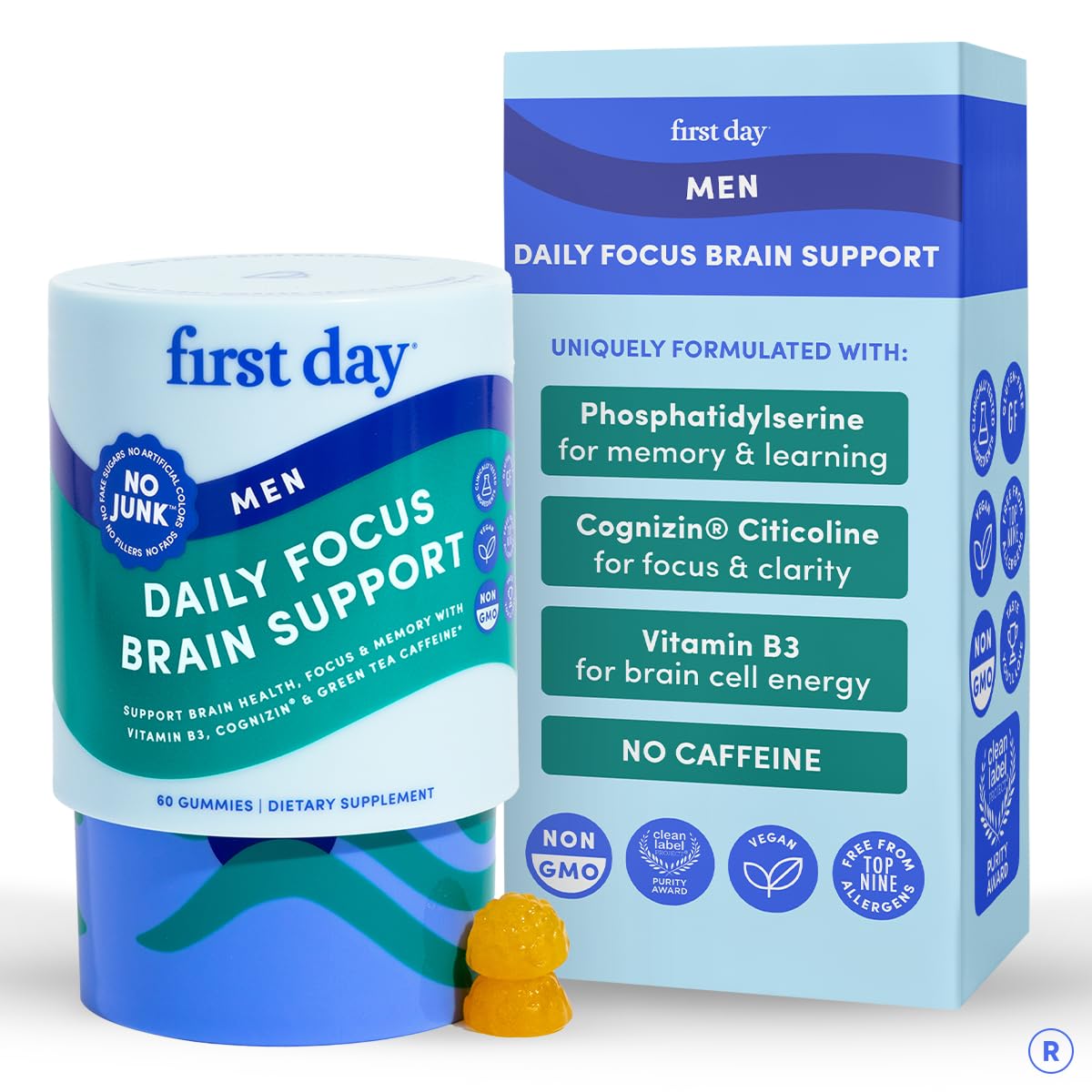 FIRST DAY Men’s Daily Nootropic Brain Supplement Gummies for Focus, Memory & Mental Energy | with Cognizin® Citicoline, Phosphatidylserine & Natural Caffeine | Vegan, Allergen-Free | 30-Day Supply - OzHealthStandard