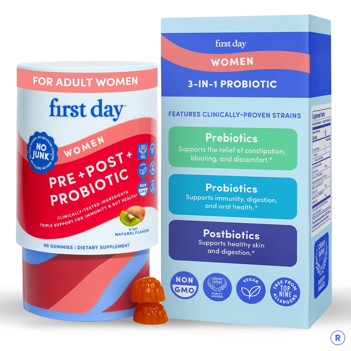 FIRST DAY Womens 3-in-1 Probiotic Gummies – Prebiotic + Probiotic + Postbiotic Supplement – Supports Digestive & Oral Health, Immune Function & Energy Levels – 30-Day Supply - OzHealthStandard