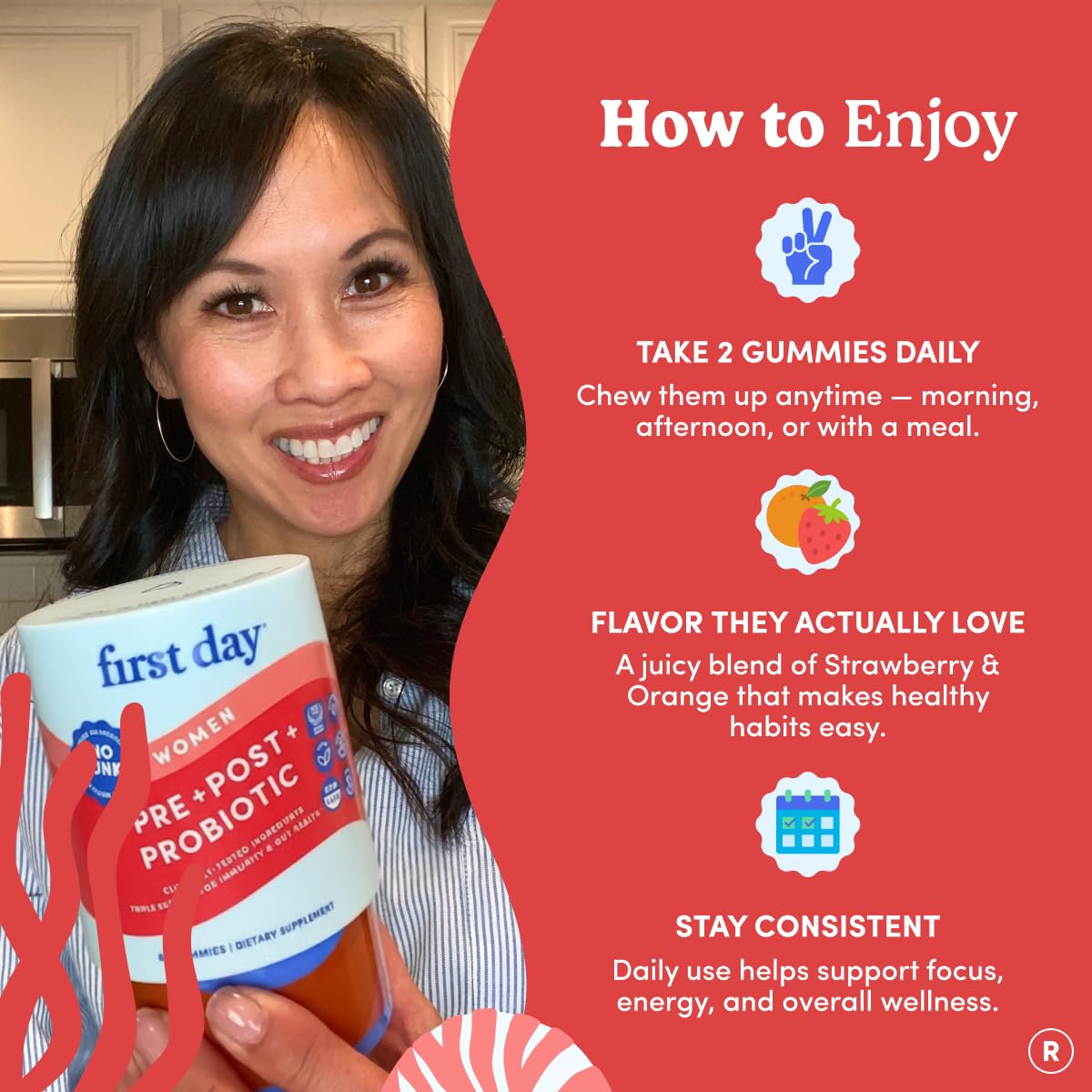 FIRST DAY Womens 3-in-1 Probiotic Gummies – Prebiotic + Probiotic + Postbiotic Supplement – Supports Digestive & Oral Health, Immune Function & Energy Levels – 30-Day Supply - OzHealthStandard