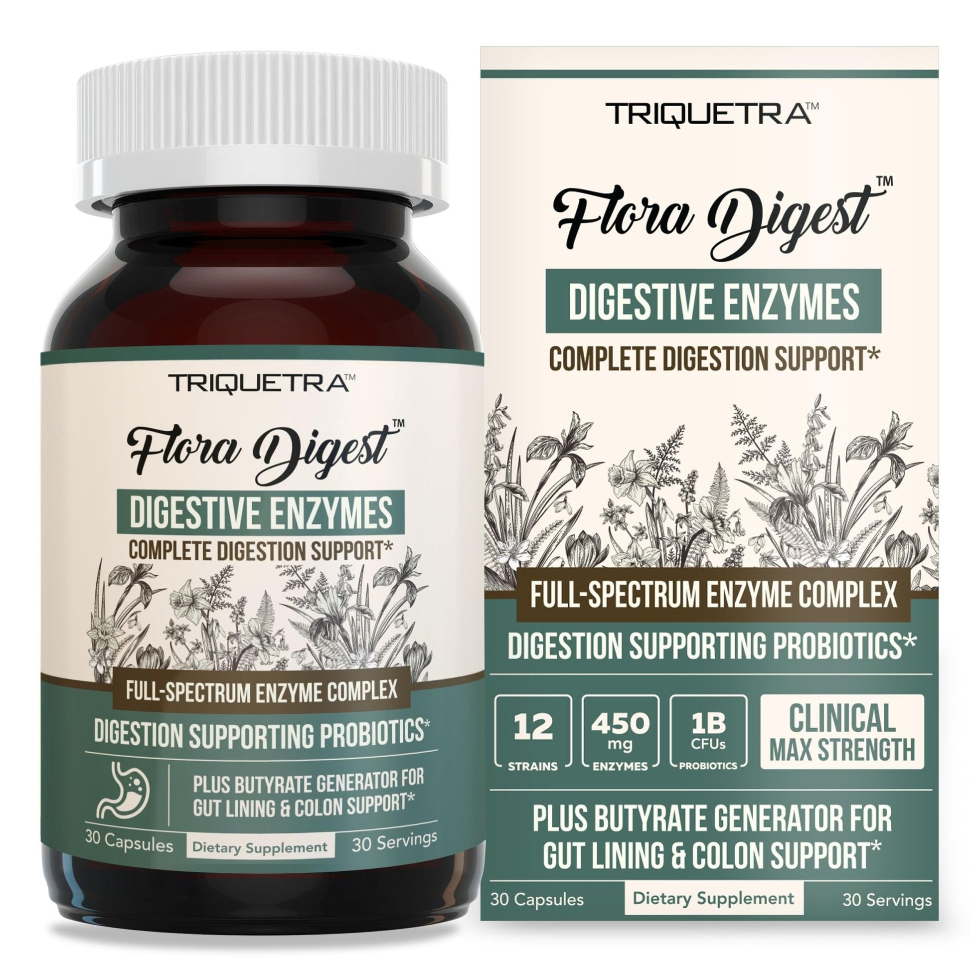 Flora Digest - 3-in-1 Max Strength Digestive Enzymes + Gut Surviving Probiotics & ButyraGen® Postbiotic for Optimal Digestion, Bloating Relief, Regularity, Gut Lining & Colon Support - (30 Capsules) - OzHealthStandard