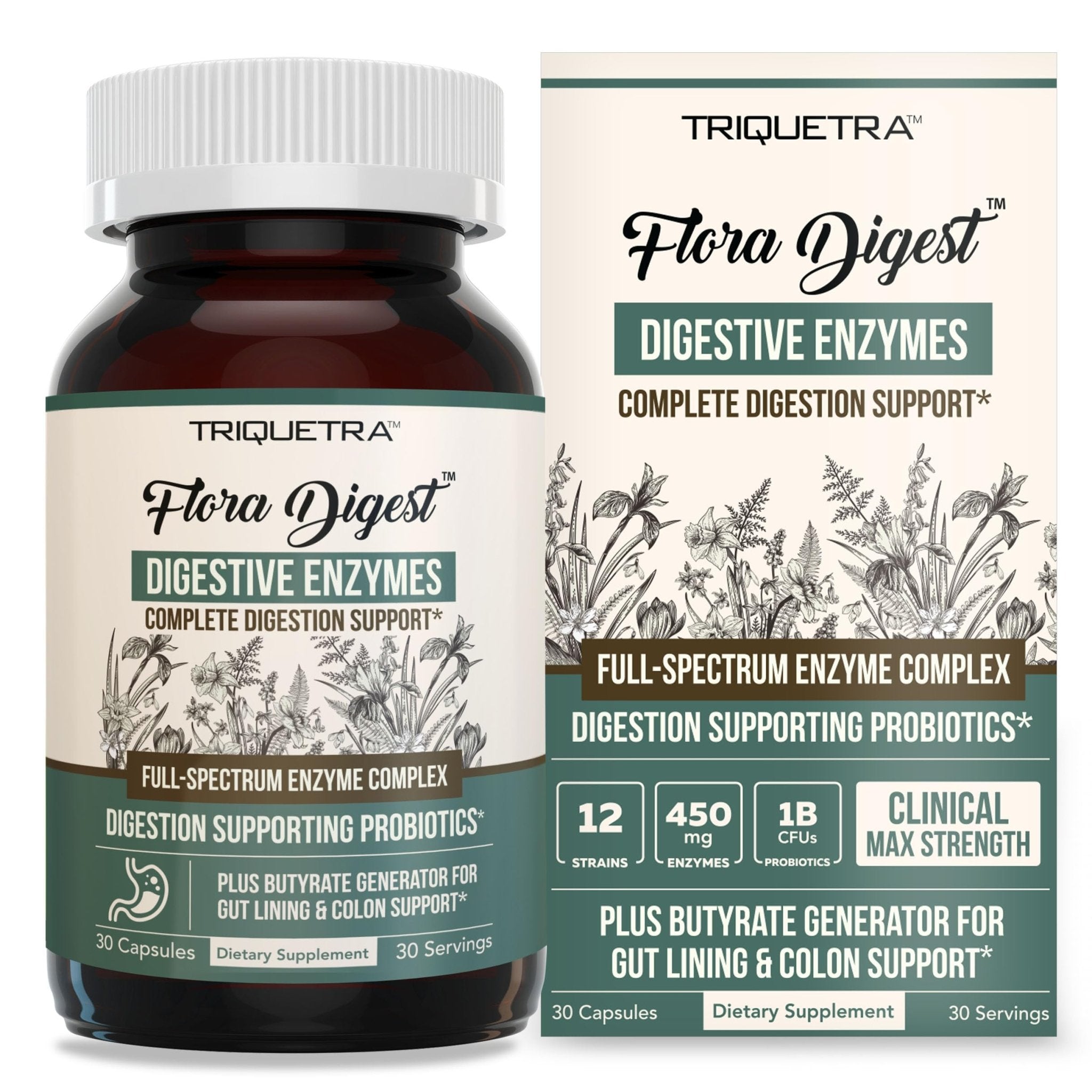 Flora Digest - 3-in-1 Max Strength Digestive Enzymes + Gut Surviving Probiotics & ButyraGen® Postbiotic for Optimal Digestion, Bloating Relief, Regularity, Gut Lining & Colon Support - (30 Capsules) - OzHealthStandard