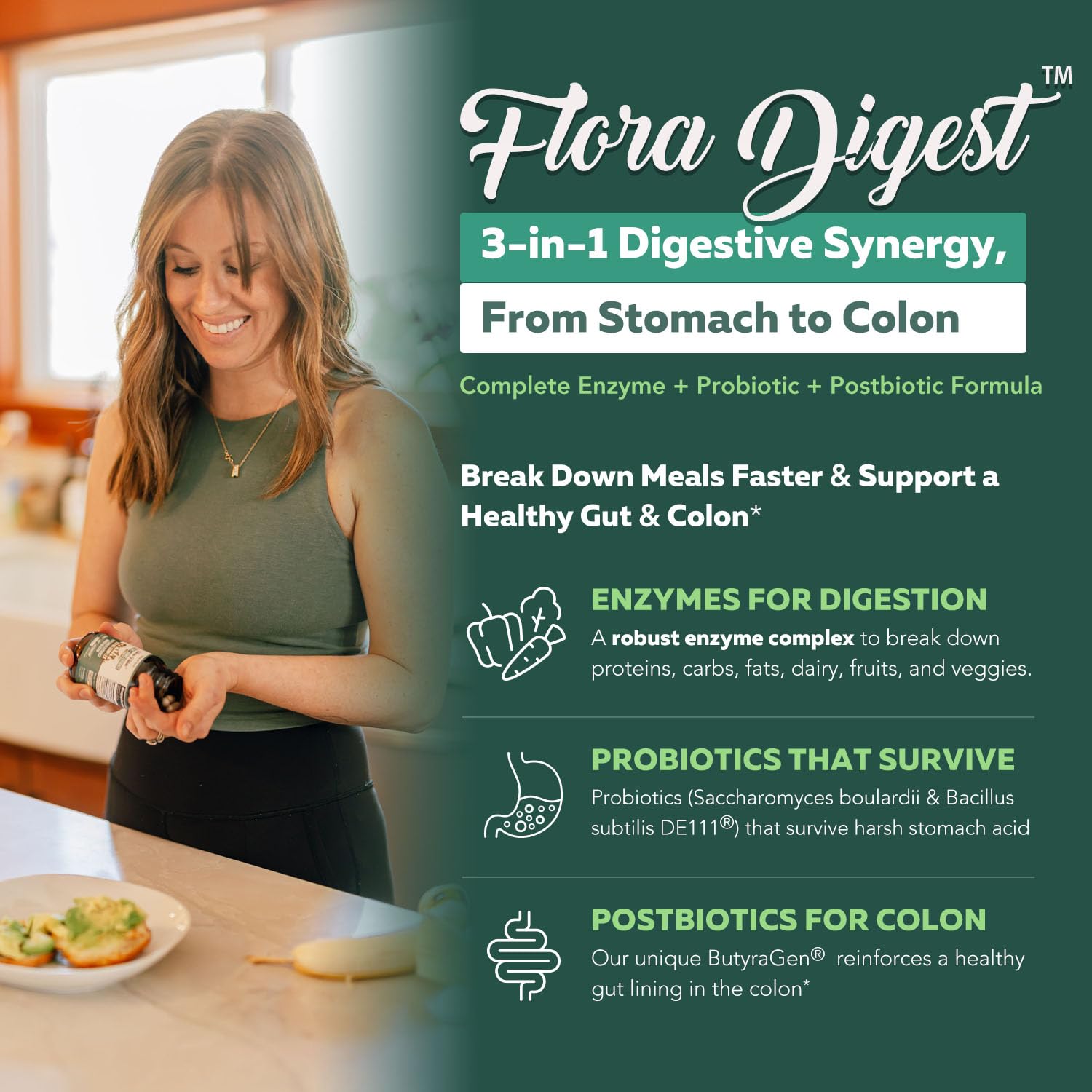 Flora Digest - 3-in-1 Max Strength Digestive Enzymes + Gut Surviving Probiotics & ButyraGen® Postbiotic for Optimal Digestion, Bloating Relief, Regularity, Gut Lining & Colon Support - (30 Capsules) - OzHealthStandard