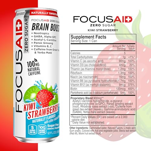 FOCUSAID ZERO SUGAR Nootropics Blend, Alpha-GPC, GABA, 100mg Natural Caffeine from Green Tea, Yerba Mate, Vitamin B-Complex, Keto-Friendly, No Artificial Sweeteners, 12 Fl Oz (Pack of 24) - OzHealthStandard