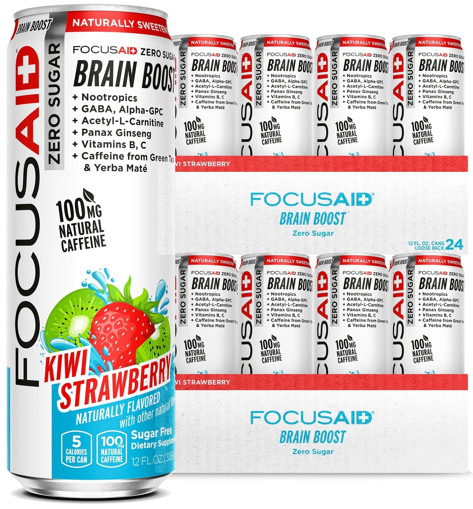 FOCUSAID ZERO SUGAR Nootropics Blend, Alpha-GPC, GABA, 100mg Natural Caffeine from Green Tea, Yerba Mate, Vitamin B-Complex, Keto-Friendly, No Artificial Sweeteners, 12 Fl Oz (Pack of 24) - OzHealthStandard