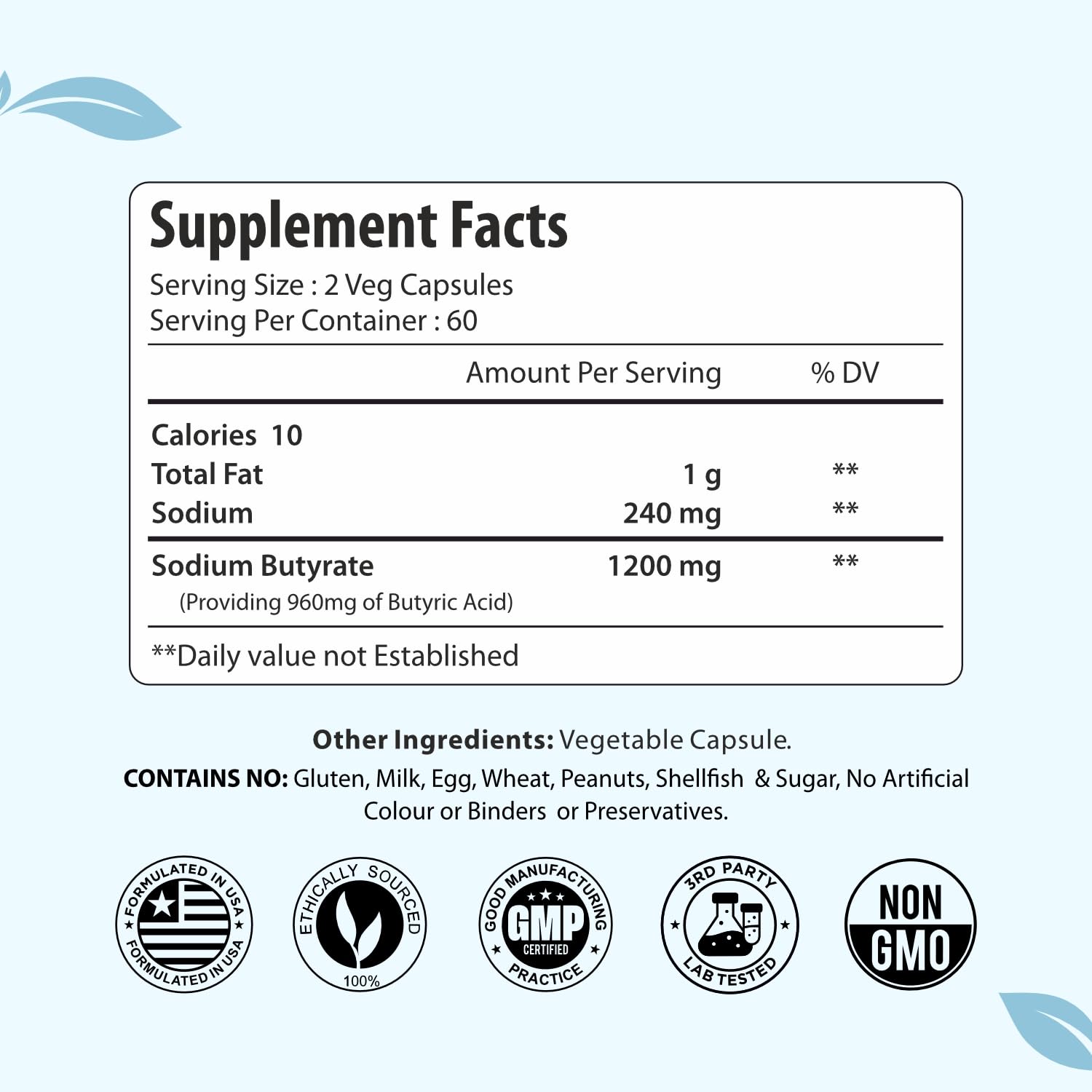 ForestVibe Sodium Butyrate Supplement 1200mg, Yielding 960mg Butyric Acid, 120 Vegan Capsules, 2 Month Supply, Non-GMO & Gluten Free Postbiotic Supplement - OzHealthStandard