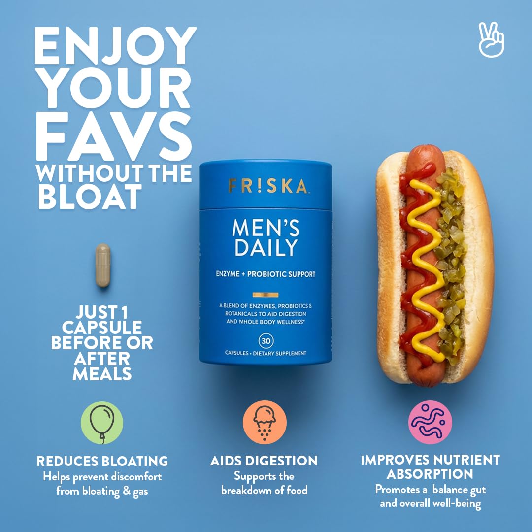 Friska Daily Digestive Enzymes with Probiotics for Men - Helps Break Down Protein, Fat & Carbs, Reduces Bloating & Gas, with Vitamins B6 & B12, 30 Capsules - OzHealthStandard