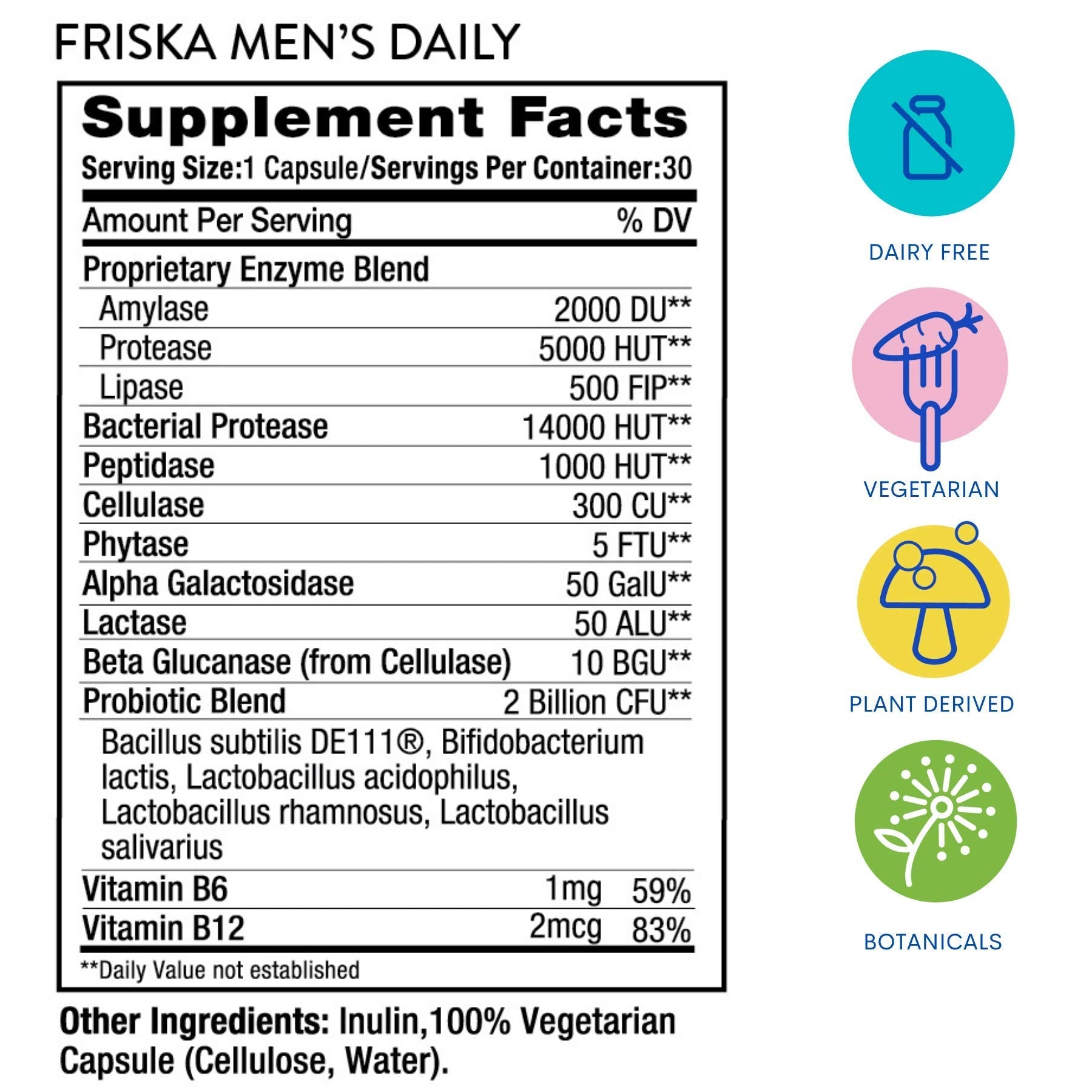 Friska Daily Digestive Enzymes with Probiotics for Men - Helps Break Down Protein, Fat & Carbs, Reduces Bloating & Gas, with Vitamins B6 & B12, 30 Capsules - OzHealthStandard