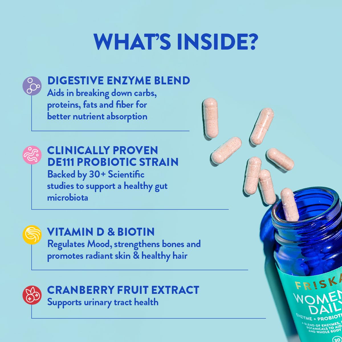 FRISKA Women’s Daily Digestive Enzyme and Probiotics Supplement, Advanced Natural Support for Female Digestive Health, Fights Bloating, Eases Digestion, Supports Nutrient Absorption, 30 Capsules - OzHealthStandard