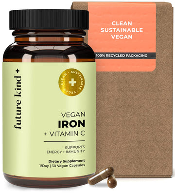 Future Kind Iron Supplement for Women and Men, Daily Energy & Focus, Chelated Iron Bisglycinate, 18mg 100% DV with Vitamin C for Absorption - Gentle on Stomach, Non-GMO Vegan Capsules, 30 Day Supply - OzHealthStandard