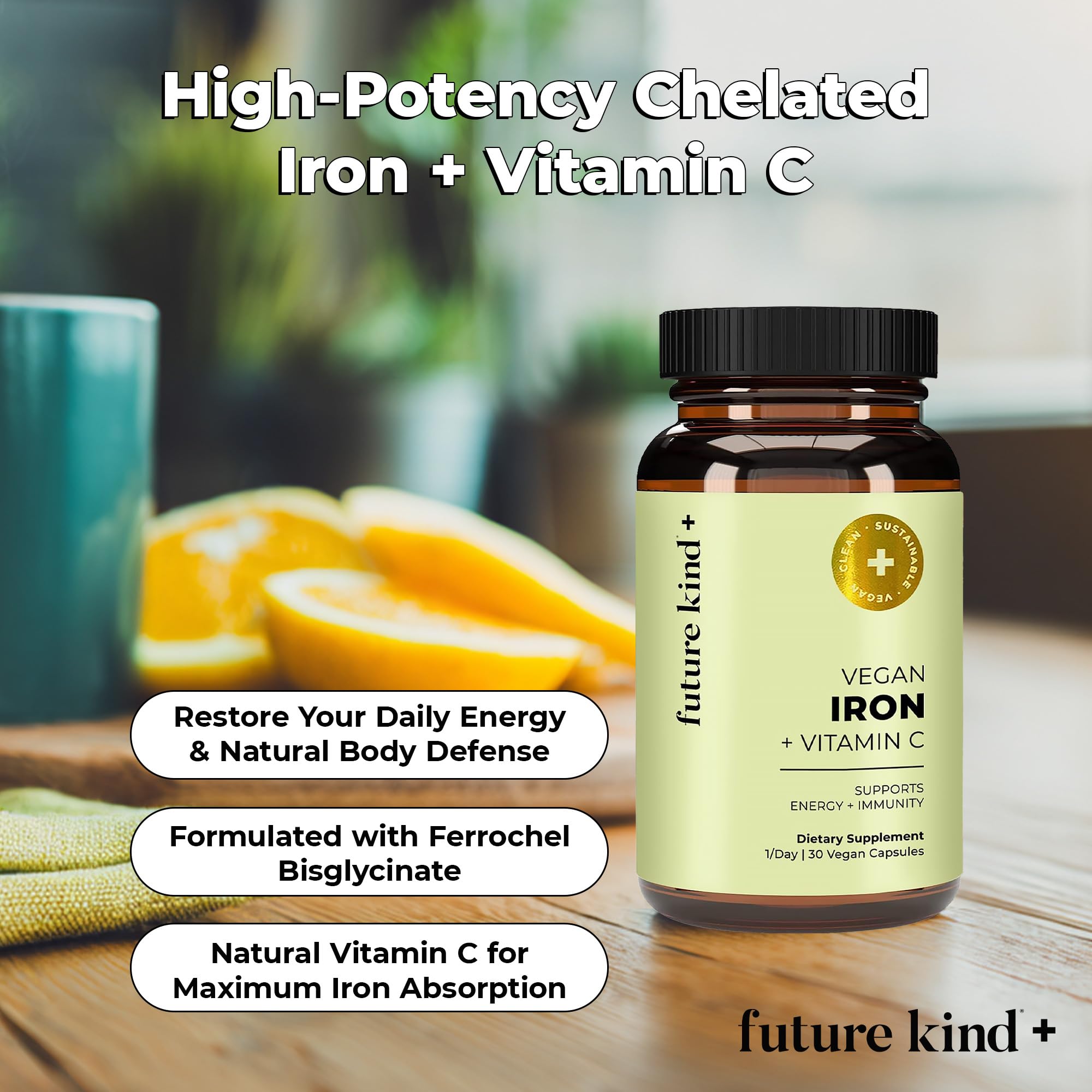 Future Kind Iron Supplement for Women and Men, Daily Energy & Focus, Chelated Iron Bisglycinate, 18mg 100% DV with Vitamin C for Absorption - Gentle on Stomach, Non-GMO Vegan Capsules, 30 Day Supply - OzHealthStandard