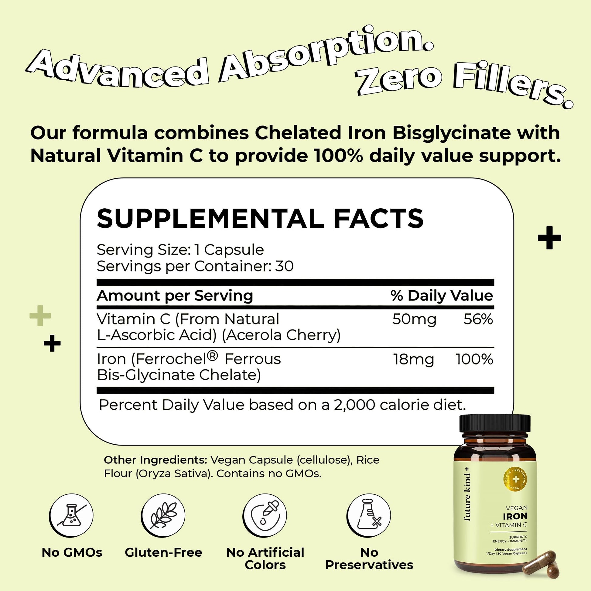 Future Kind Iron Supplement for Women and Men, Daily Energy & Focus, Chelated Iron Bisglycinate, 18mg 100% DV with Vitamin C for Absorption - Gentle on Stomach, Non-GMO Vegan Capsules, 30 Day Supply - OzHealthStandard