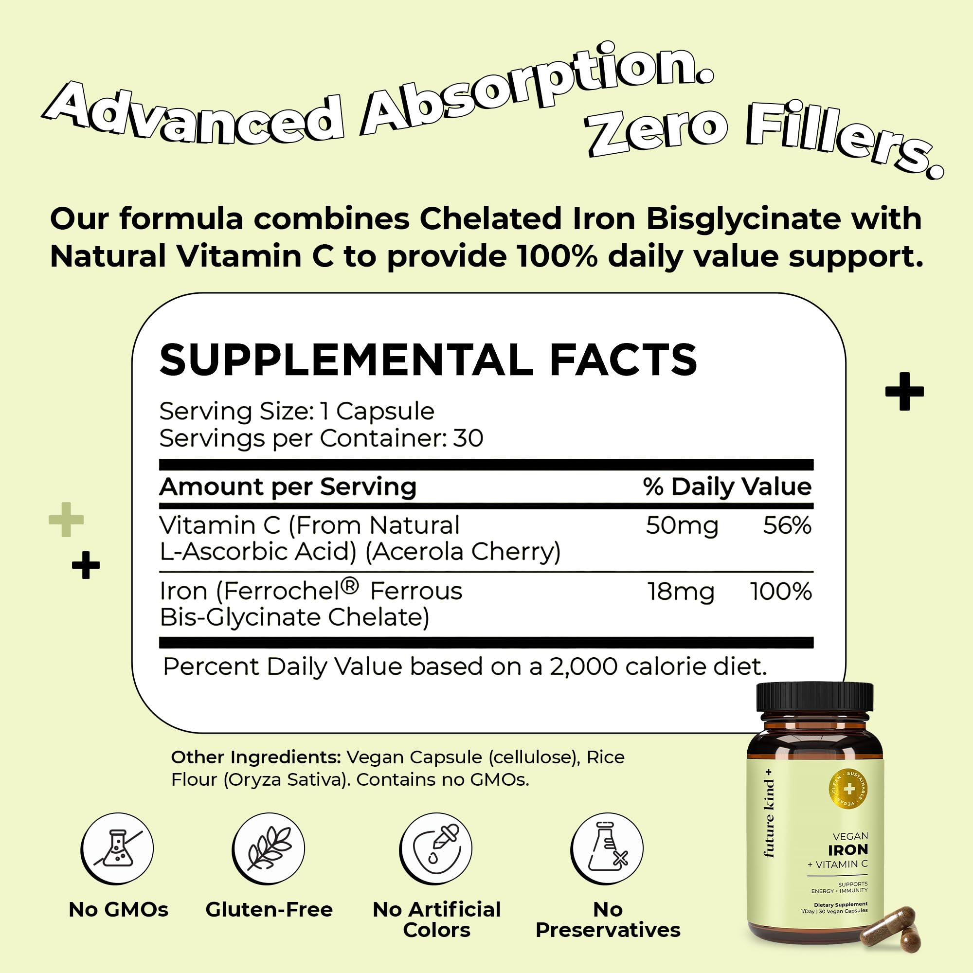Future Kind Iron Supplement for Women and Men, Daily Energy & Focus, Chelated Iron Bisglycinate, 18mg 100% DV with Vitamin C for Absorption - Gentle on Stomach, Non-GMO Vegan Capsules, 30 Day Supply - OzHealthStandard