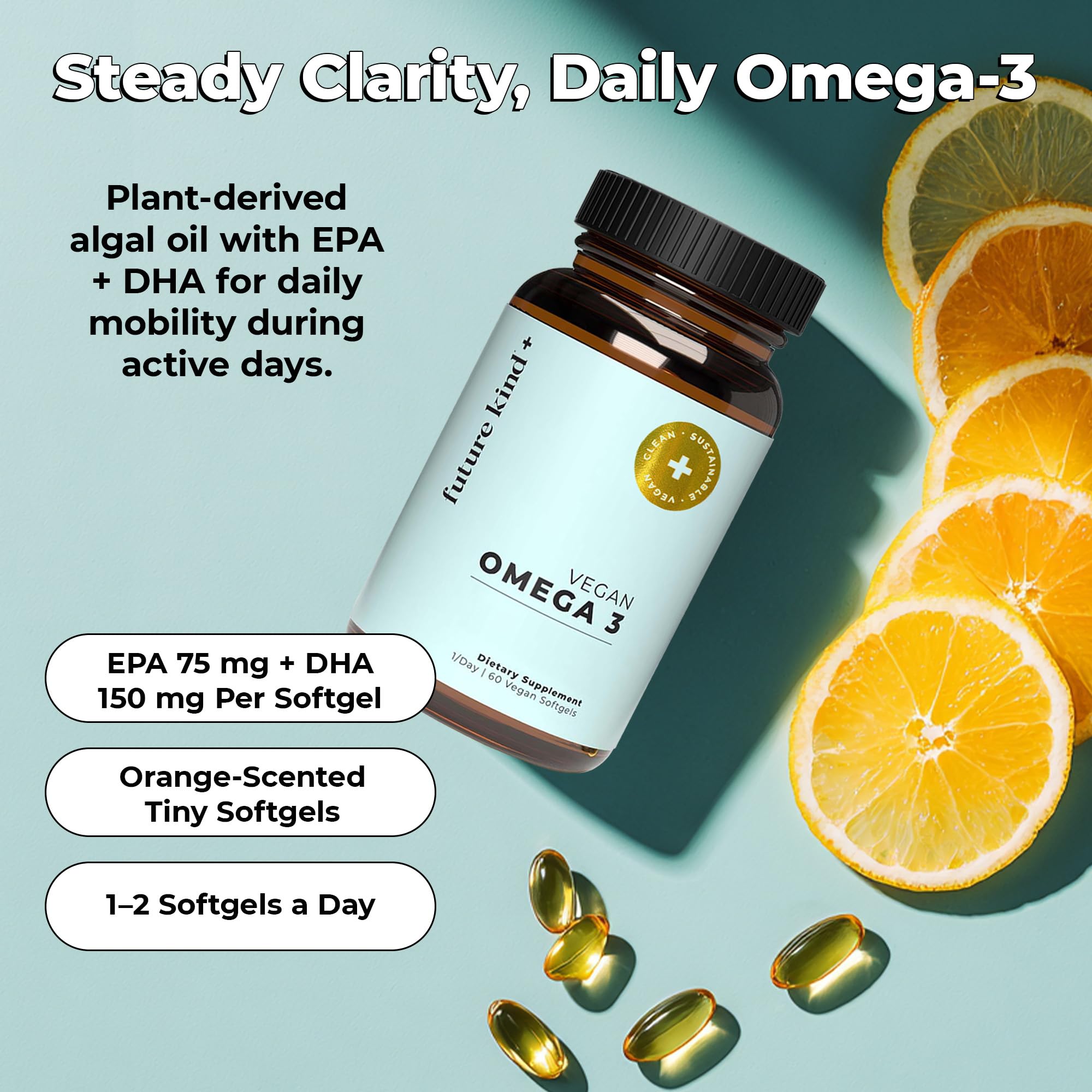 Future Kind Omega-3 Supplement for Clarity, Memory, and Mobility Comfort, 2 Months Supply of Citrus-Scented Softgels with EPA and DHA, Vegan Omega-3 Supplement from Algae, Carrageenan Free, 60 Count - OzHealthStandard