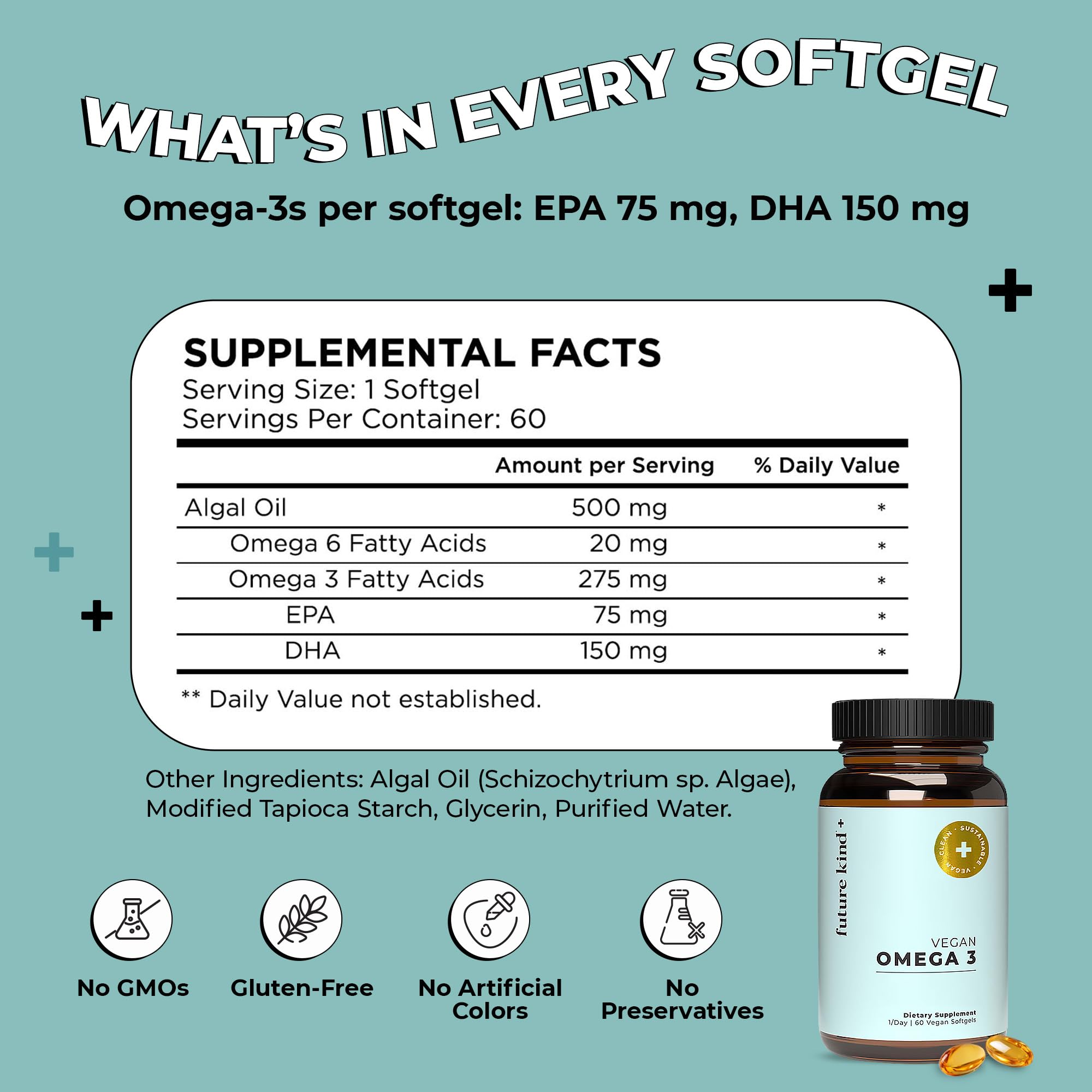Future Kind Omega-3 Supplement for Clarity, Memory, and Mobility Comfort, 2 Months Supply of Citrus-Scented Softgels with EPA and DHA, Vegan Omega-3 Supplement from Algae, Carrageenan Free, 60 Count - OzHealthStandard