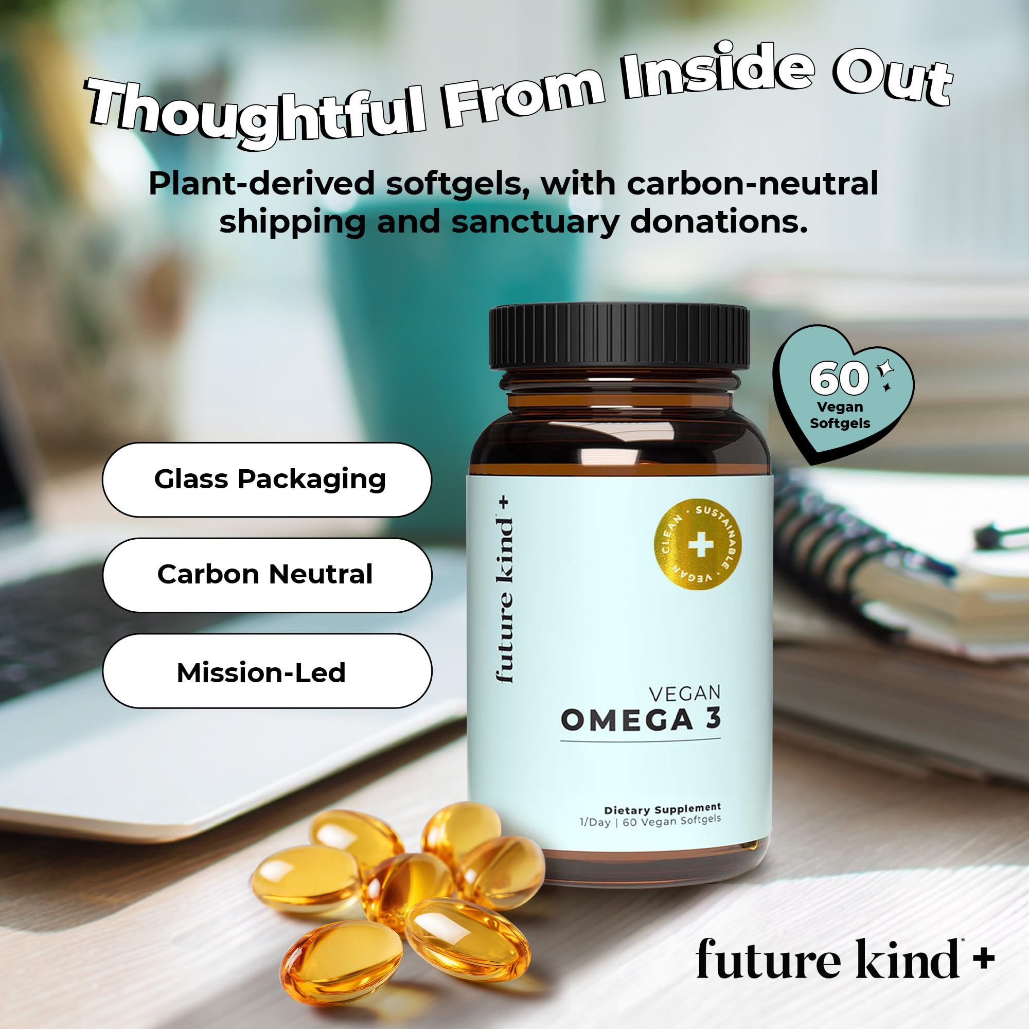 Future Kind Omega-3 Supplement for Clarity, Memory, and Mobility Comfort, 2 Months Supply of Citrus-Scented Softgels with EPA and DHA, Vegan Omega-3 Supplement from Algae, Carrageenan Free, 60 Count - OzHealthStandard