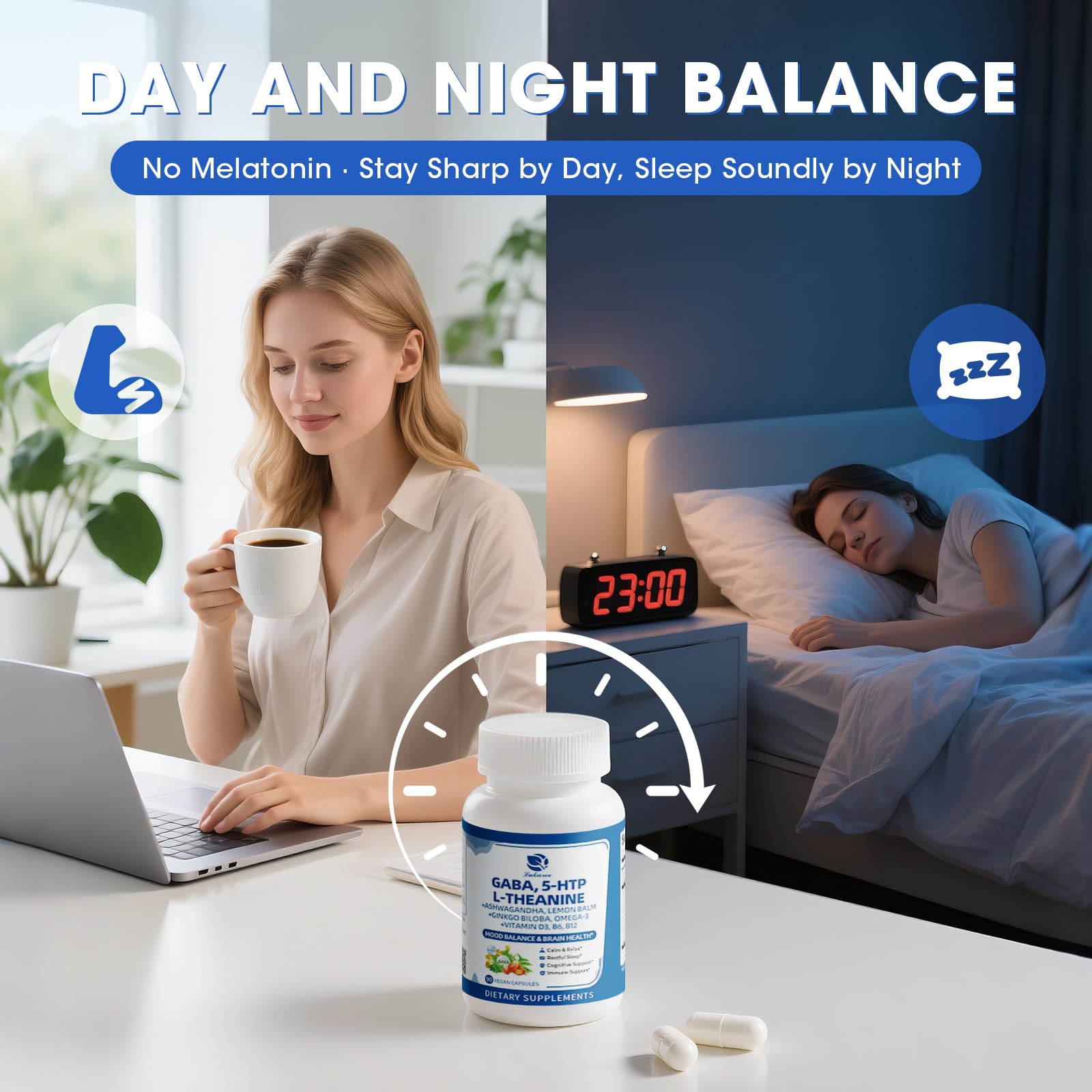 GABA Supplements 750mg with L Theanine, 5HTP, Ashwagandha, Lemon Balm, Ginkgo Biloba, Omega-3, 10 in 1 GABA Calm Capsules for Sleep, Relaxation, Focus, Mood Support, Cortisol Balance - 90CT - OzHealthStandard