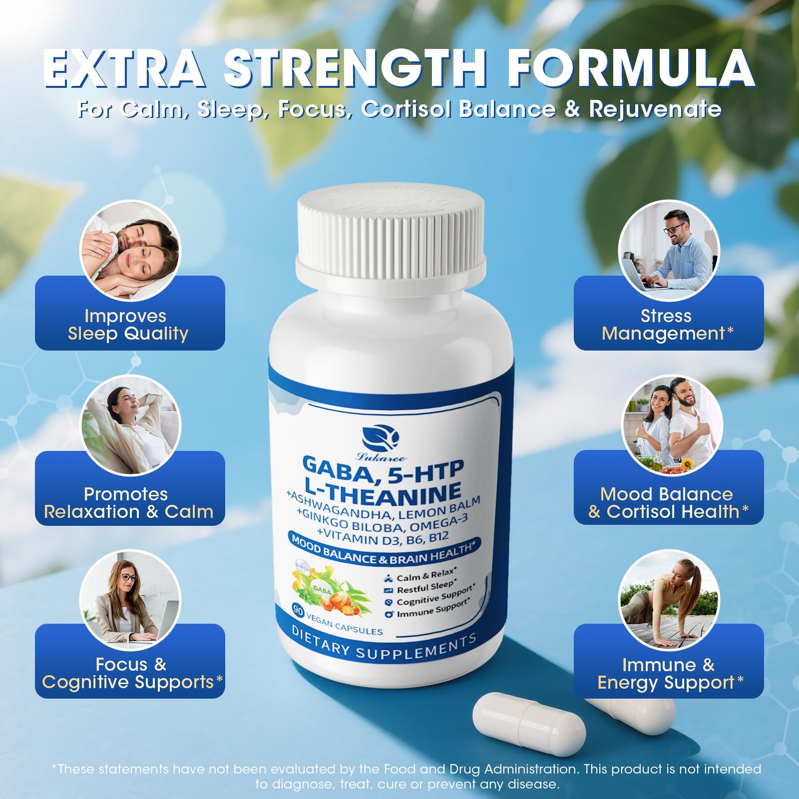 GABA Supplements 750mg with L Theanine, 5HTP, Ashwagandha, Lemon Balm, Ginkgo Biloba, Omega-3, 10 in 1 GABA Calm Capsules for Sleep, Relaxation, Focus, Mood Support, Cortisol Balance - 90CT - OzHealthStandard