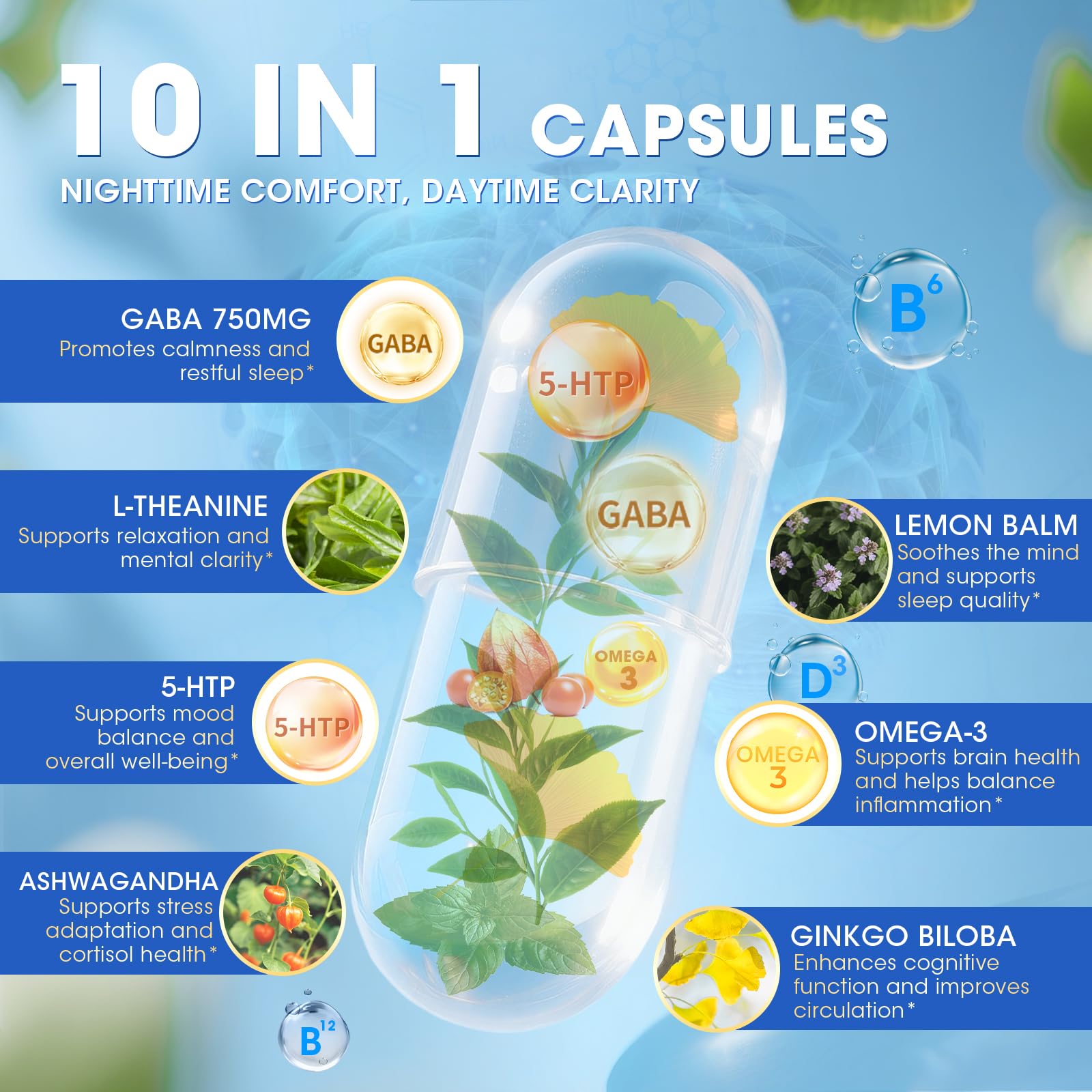 GABA Supplements 750mg with L Theanine, 5HTP, Ashwagandha, Lemon Balm, Ginkgo Biloba, Omega-3, 10 in 1 GABA Calm Capsules for Sleep, Relaxation, Focus, Mood Support, Cortisol Balance - 90CT - OzHealthStandard