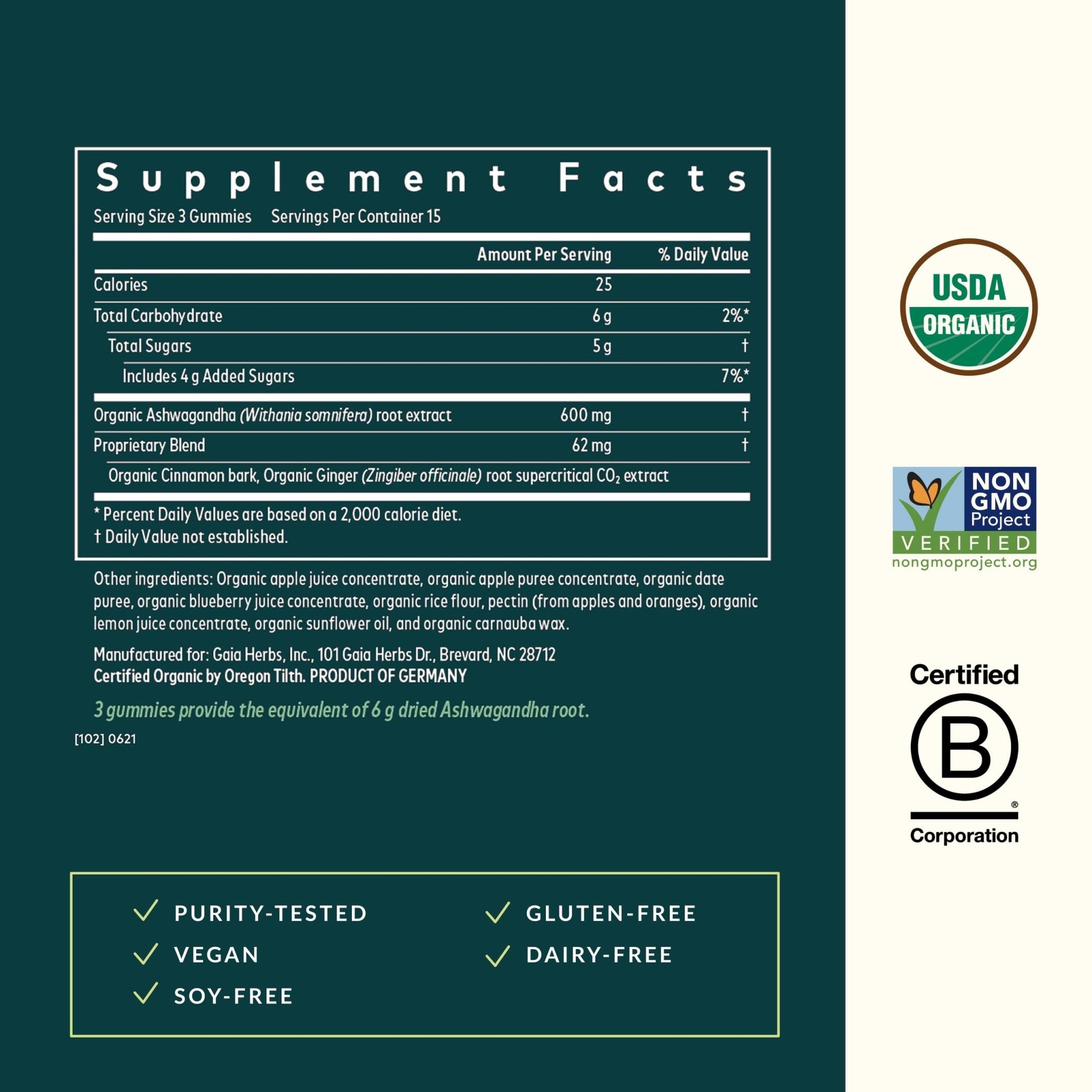 Gaia Herbs Organic Ashwagandha Gummies - Stress Support* - Made with Cinnamon & Ginger - Gluten Free & Vegan - 45 Count (15 Servings) - OzHealthStandard