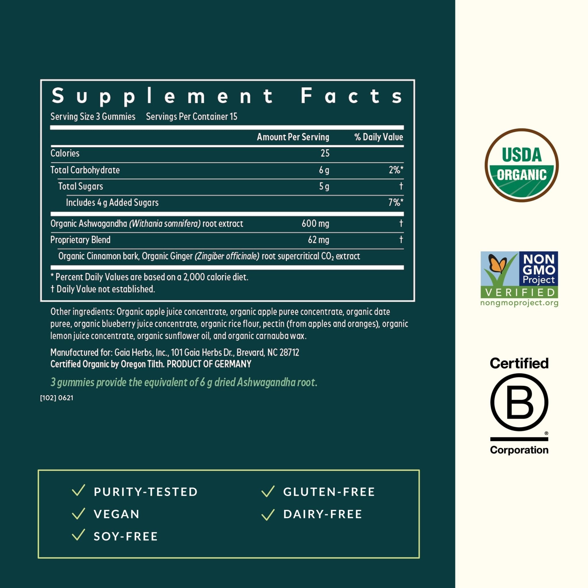 Gaia Herbs Organic Ashwagandha Gummies - Stress Support* - Made with Cinnamon & Ginger - Gluten Free & Vegan - 45 Count (15 Servings) - OzHealthStandard
