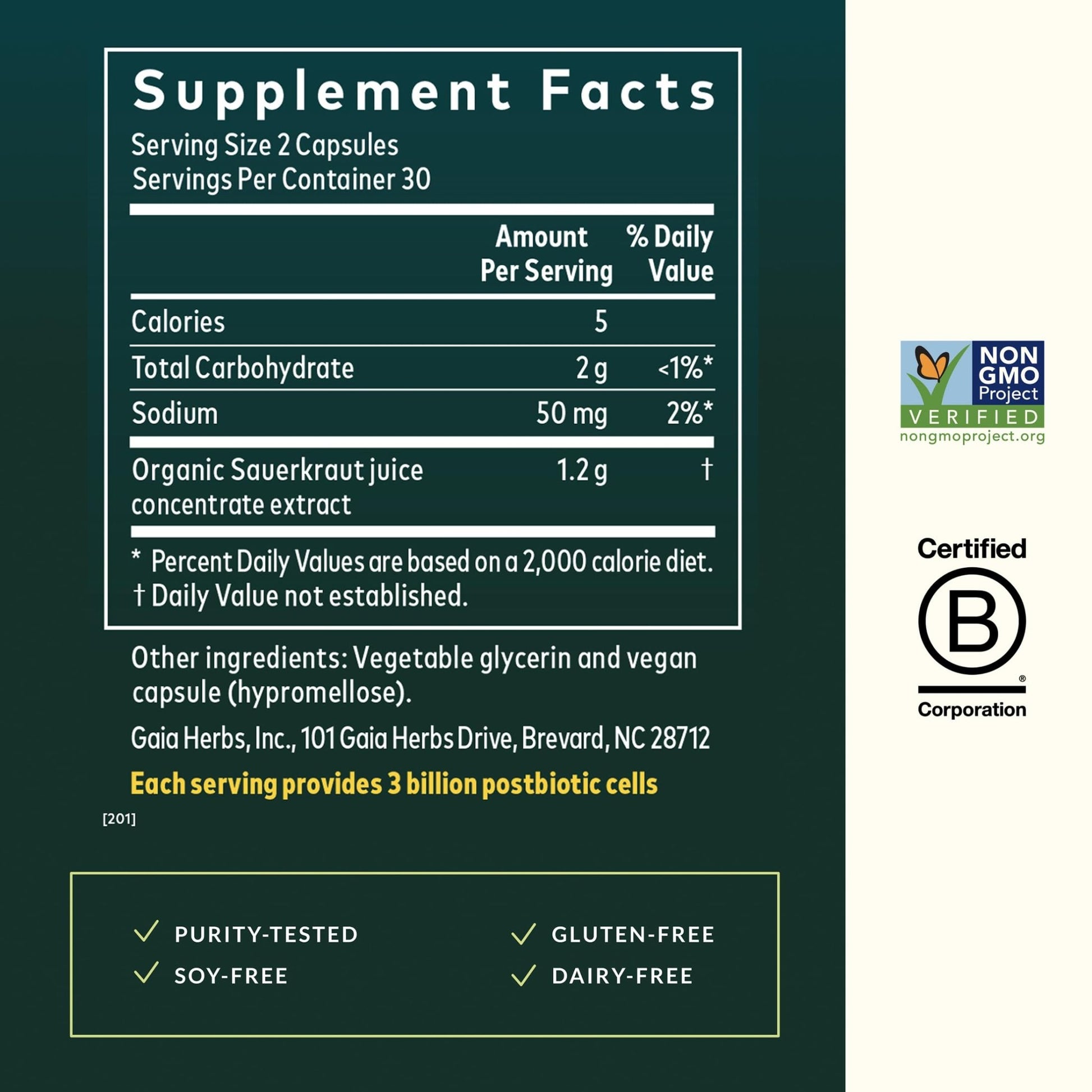 Gaia Herbs Sauerkraut Postbiotic - Gut Health & Immune Support Supplement* - Made with Fermented Sauerkraut - Free from Dairy, Soy & Gluten - 60 Vegan Liquid Phyto-Caps (30 Servings) - OzHealthStandard