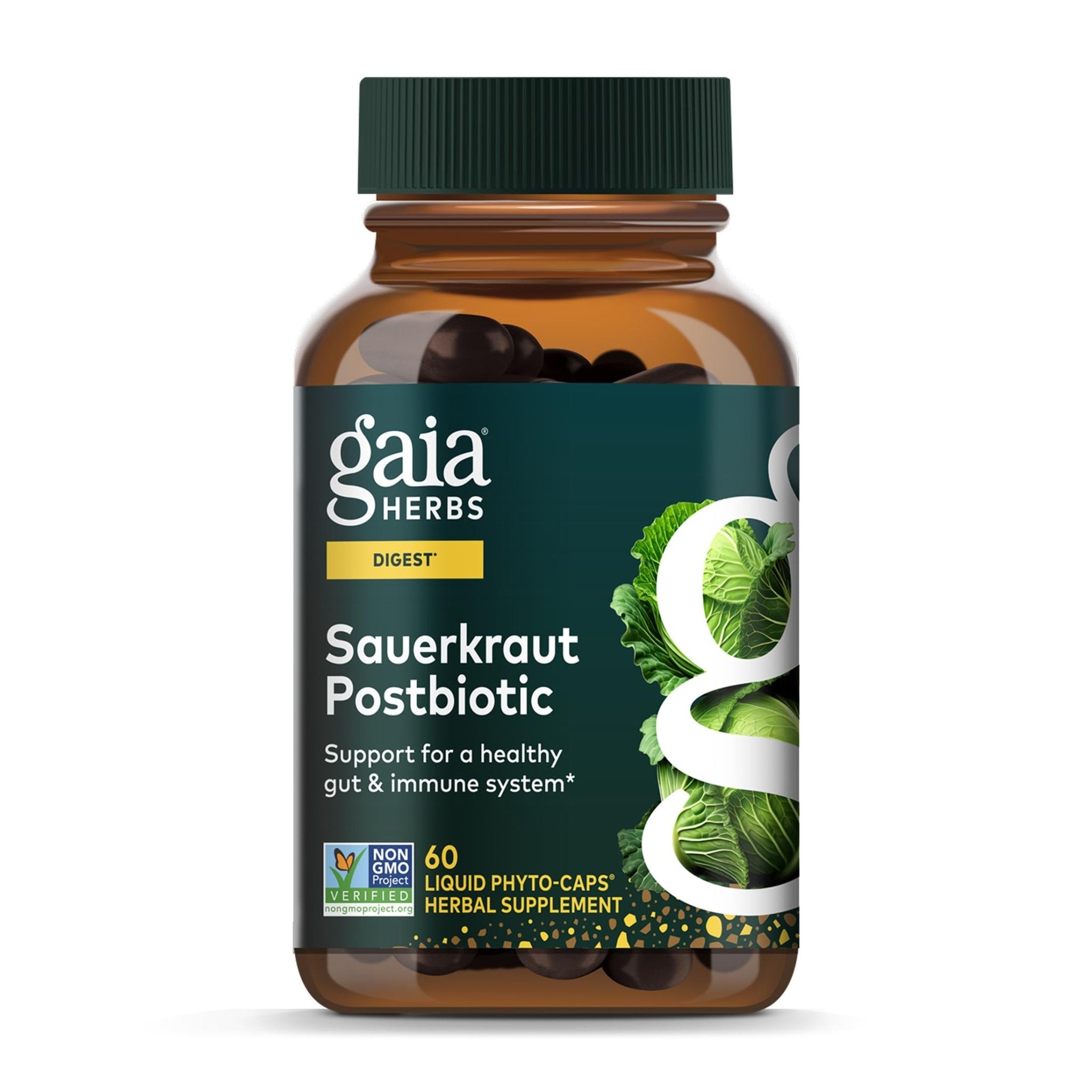 Gaia Herbs Sauerkraut Postbiotic - Gut Health & Immune Support Supplement* - Made with Fermented Sauerkraut - Free from Dairy, Soy & Gluten - 60 Vegan Liquid Phyto-Caps (30 Servings) - OzHealthStandard