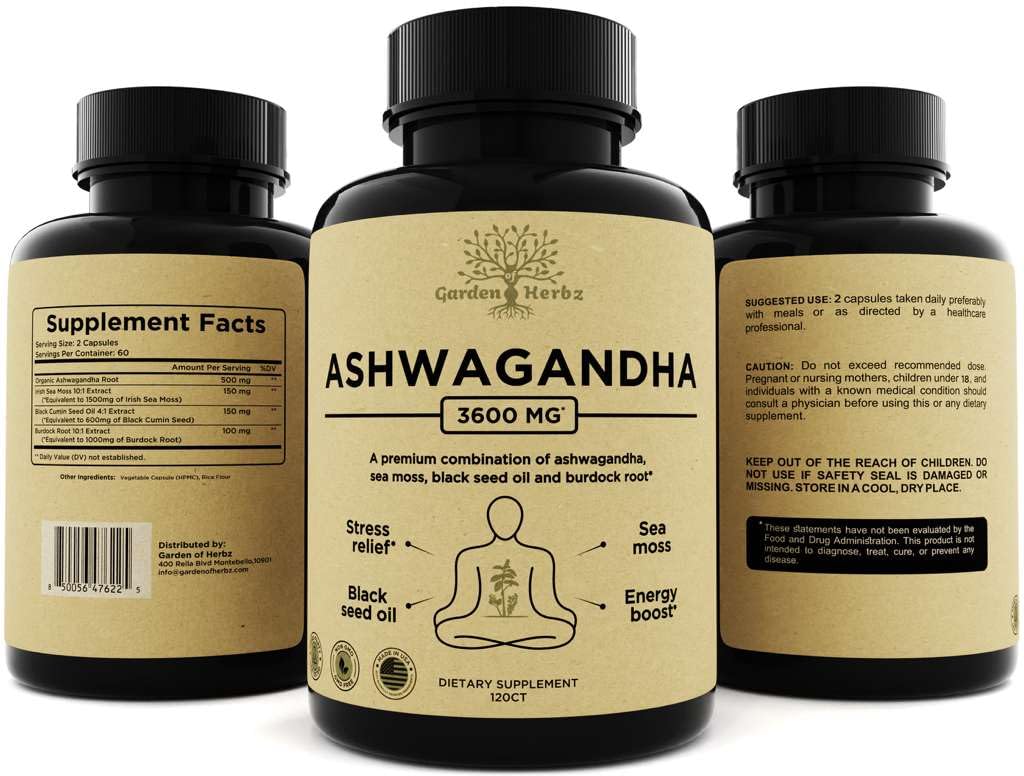 Garden of Herbz Organic Ashwagandha Root & Irish Sea Moss – 3,600 mg Ashwagandha Supplement with Black Seed Oil, & Burdock Root – Herbal Supplement for Energy, Calm, Mood, & Wellness, 120 Caps - OzHealthStandard
