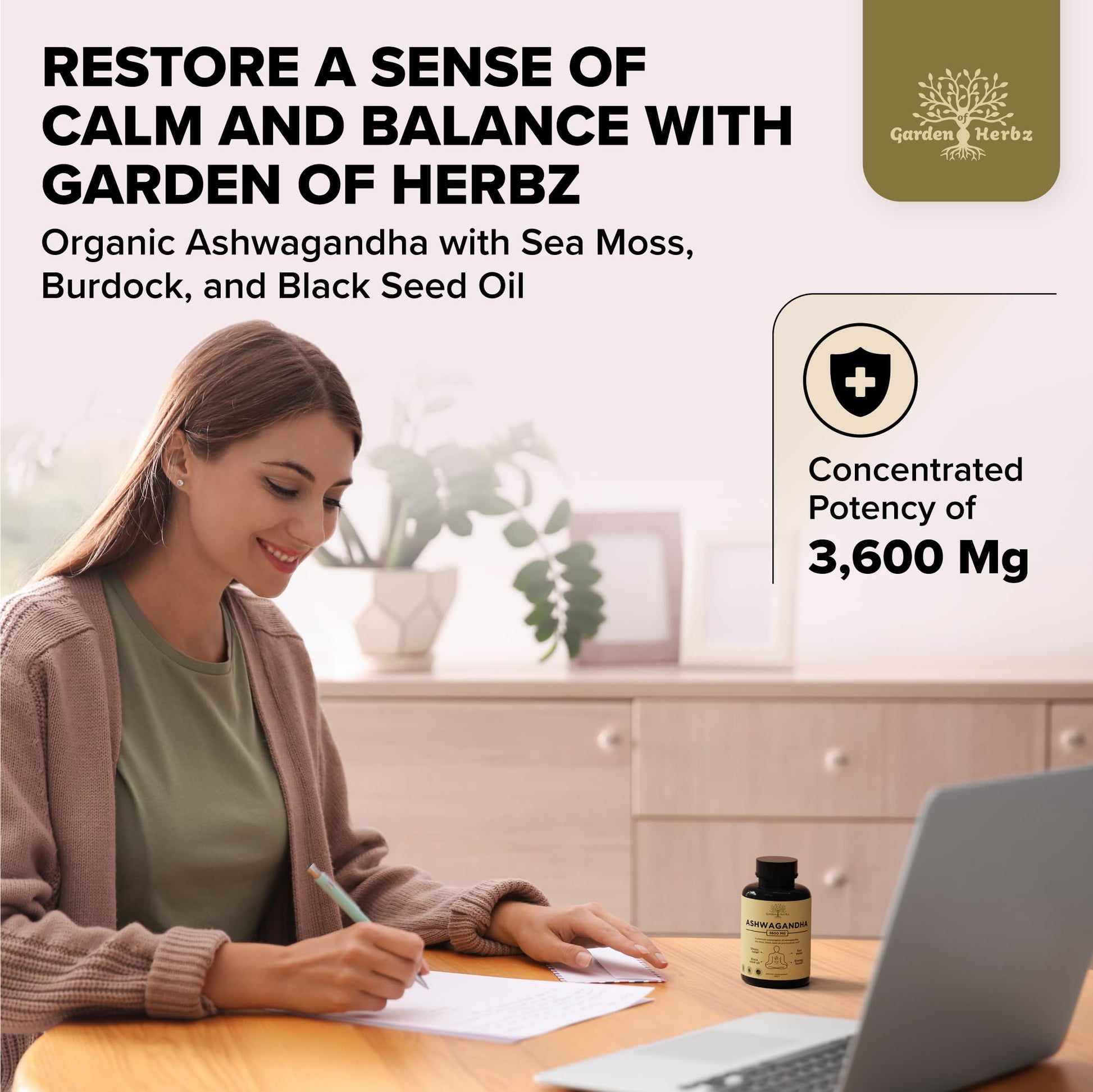 Garden of Herbz Organic Ashwagandha Root & Irish Sea Moss – 3,600 mg Ashwagandha Supplement with Black Seed Oil, & Burdock Root – Herbal Supplement for Energy, Calm, Mood, & Wellness, 120 Caps - OzHealthStandard