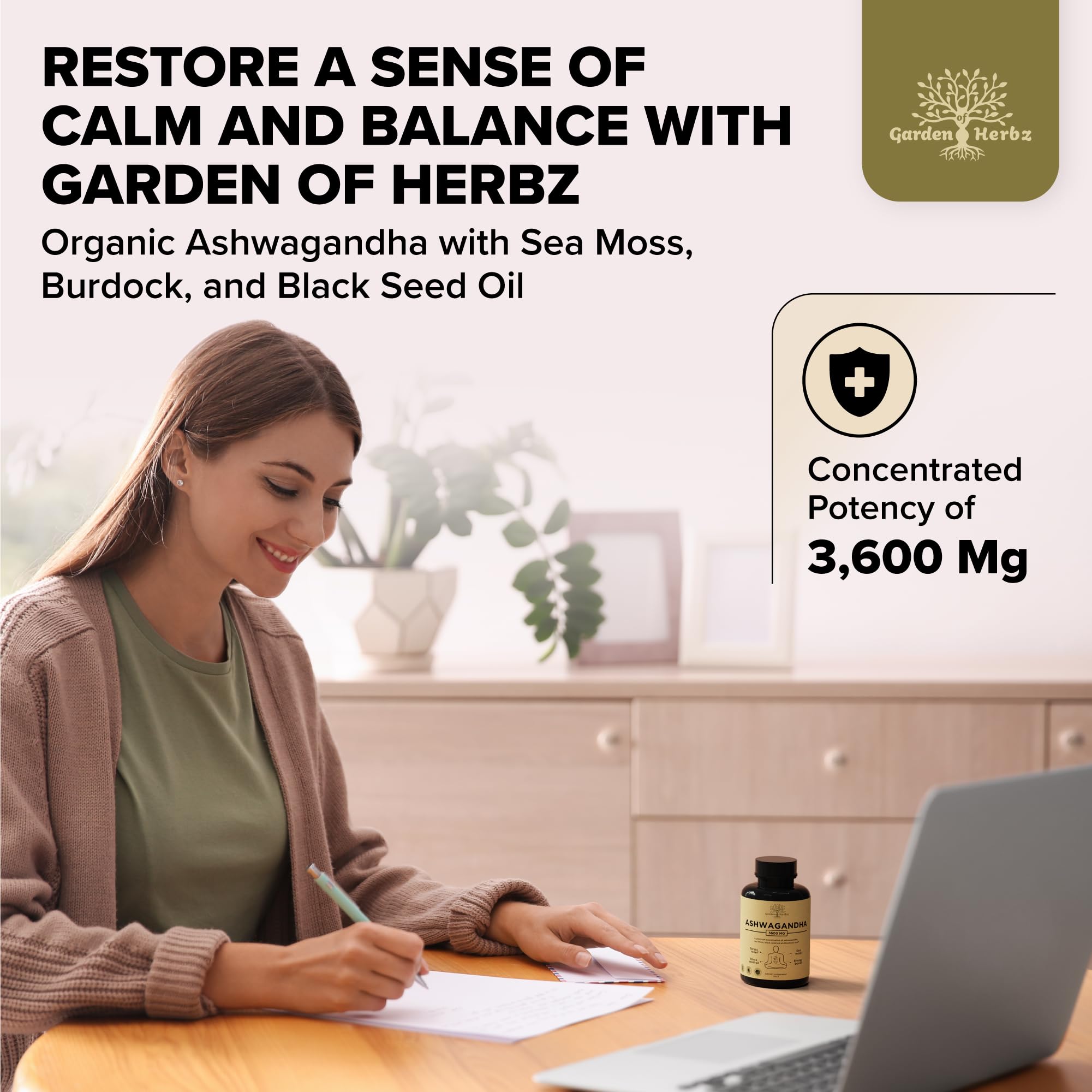 Garden of Herbz Organic Ashwagandha Root & Irish Sea Moss – 3,600 mg Ashwagandha Supplement with Black Seed Oil, & Burdock Root – Herbal Supplement for Energy, Calm, Mood, & Wellness, 120 Caps - OzHealthStandard