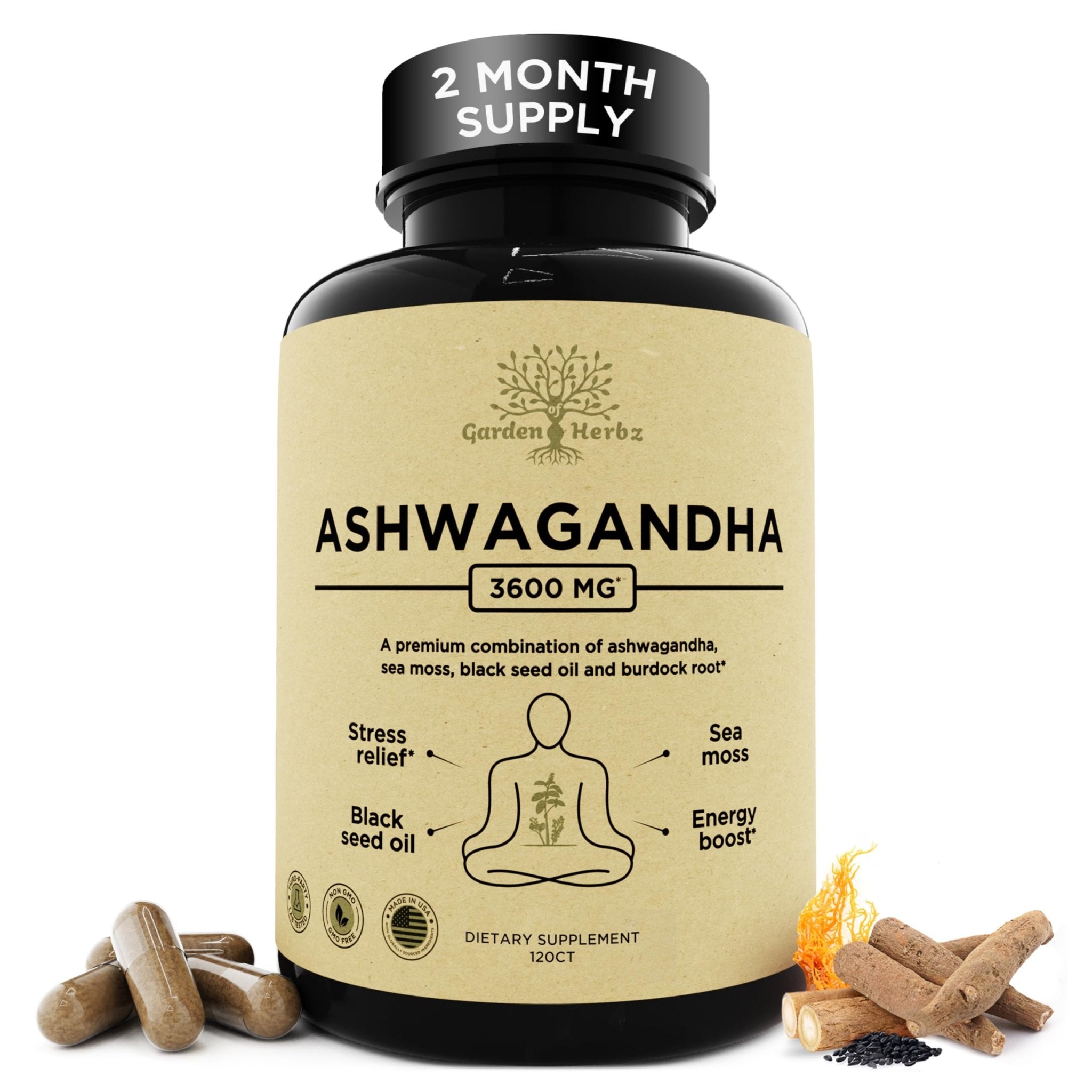 Garden of Herbz Organic Ashwagandha Root & Irish Sea Moss – 3,600 mg Ashwagandha Supplement with Black Seed Oil, & Burdock Root – Herbal Supplement for Energy, Calm, Mood, & Wellness, 120 Caps - OzHealthStandard