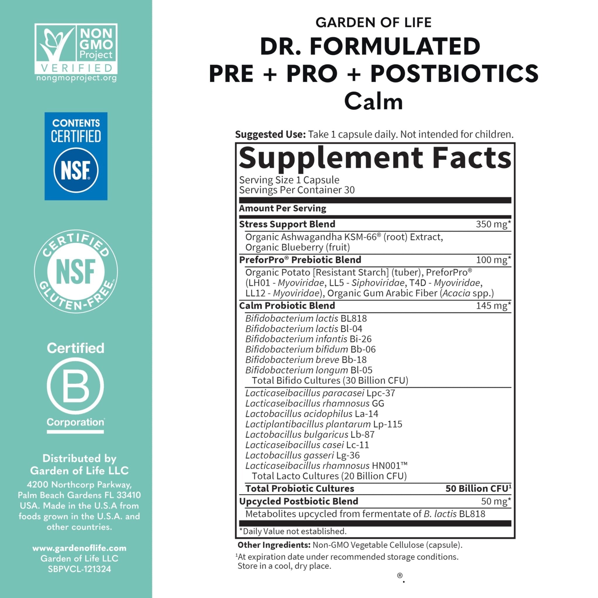 Garden of Life Dr. Formulated Pre, Post & Probiotics Calm 50 Billion CFU Daily 3-in-1 Complete Supplement with Ashwagandha – Mood Support, Digestive & Immune Support, 30 Vegetarian Capsules - OzHealthStandard