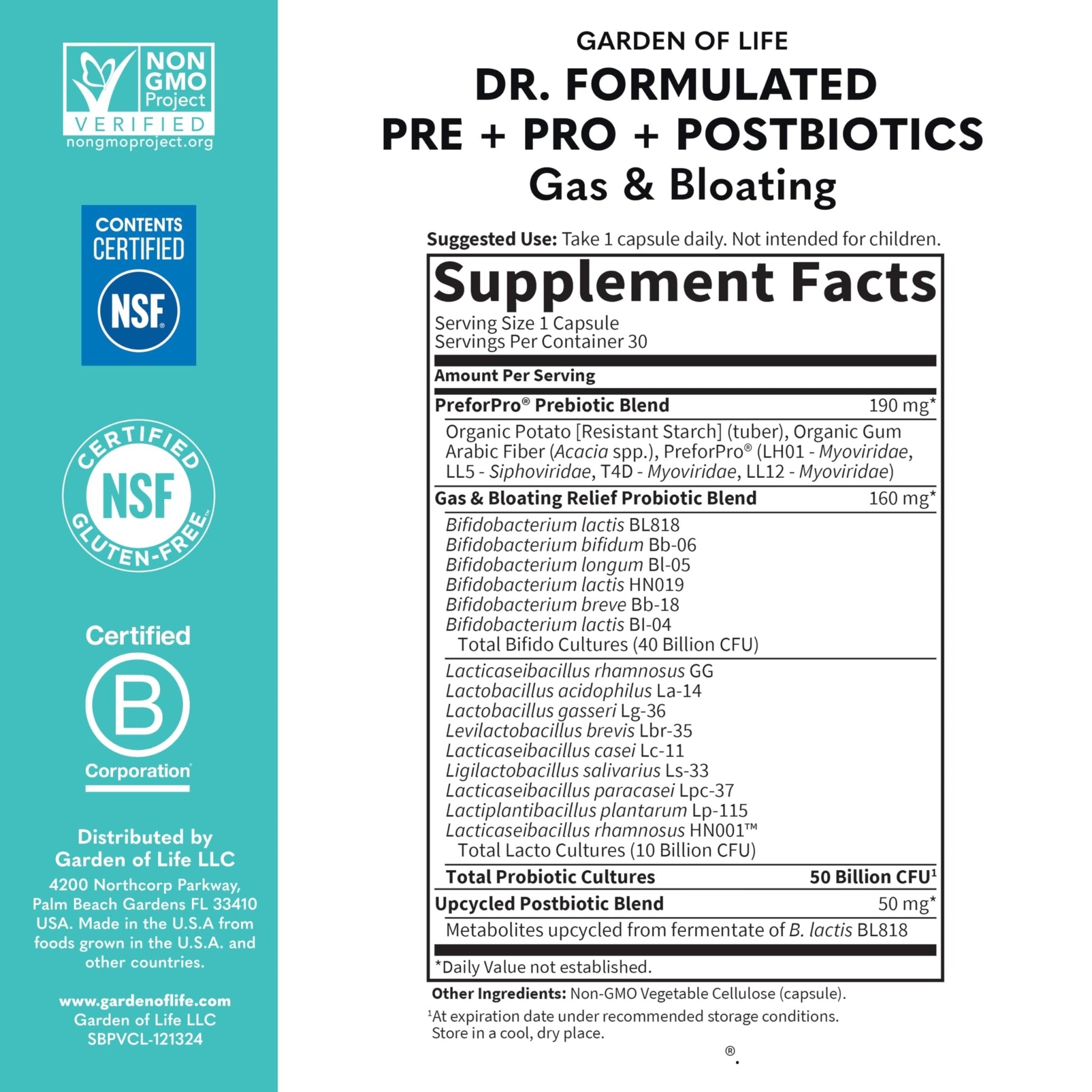 Garden of Life Dr. Formulated Pre, Post & Probiotics Gas & Bloating Once Daily 3-in-1 Complete Prebiotics, Postbiotics & Probiotics – 50 Billion CFU - OzHealthStandard