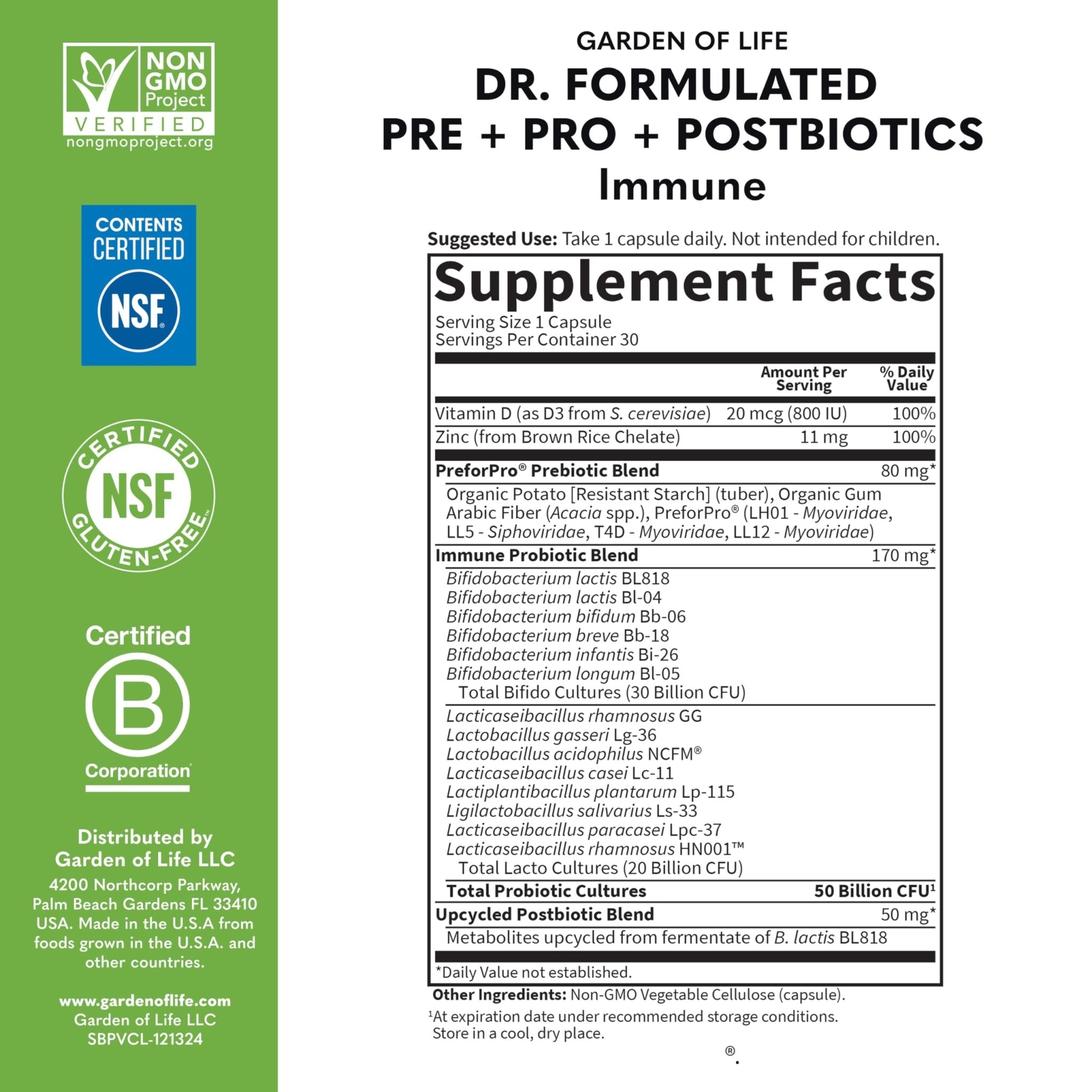 Garden of Life Dr. Formulated Pre, Post & Probiotics Immune Support with Prebiotics & Postbiotics – 50 Billion CFU, Gut & Digestive Health Support, Zinc & Vitamin D3, Vegan, 30 Day Supply - OzHealthStandard